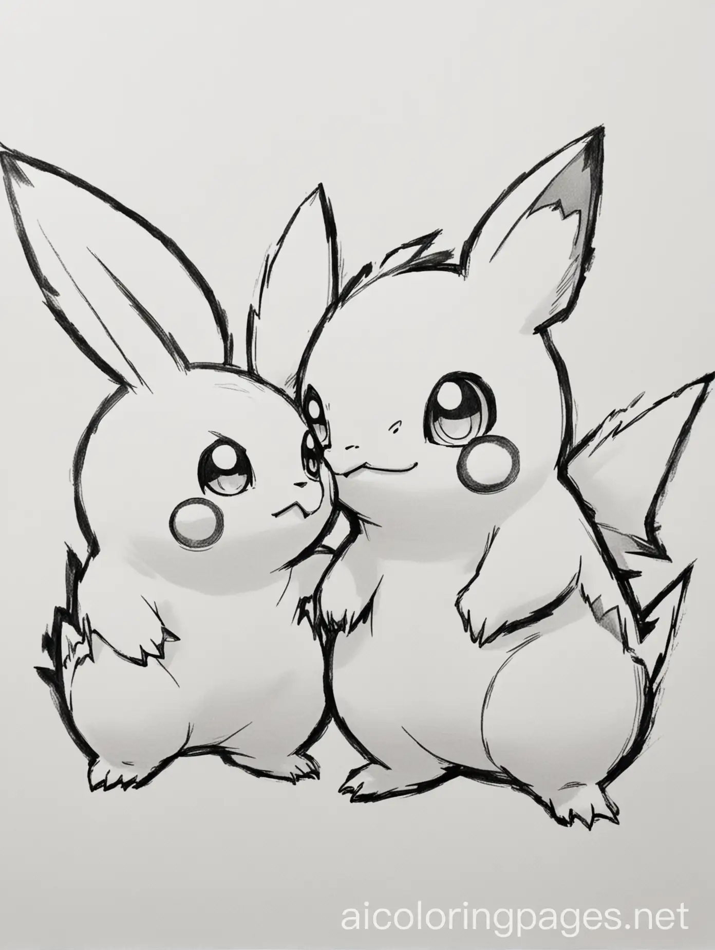 Zwei Pokémon. Sehr einfache Zeichnung. Dicke Linien, ohne viel Details., Coloring Page, black and white, line art, white background, Simplicity, Ample White Space. The background of the coloring page is plain white to make it easy for young children to color within the lines. The outlines of all the subjects are easy to distinguish, making it simple for kids to color without too much difficulty