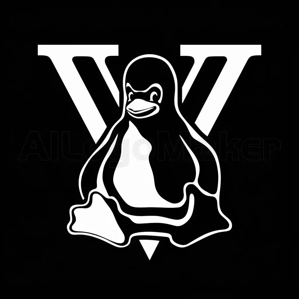 a logo design,with the text "V", main symbol:Linux penguin infused 'V' text with black background.,complex,clear background
