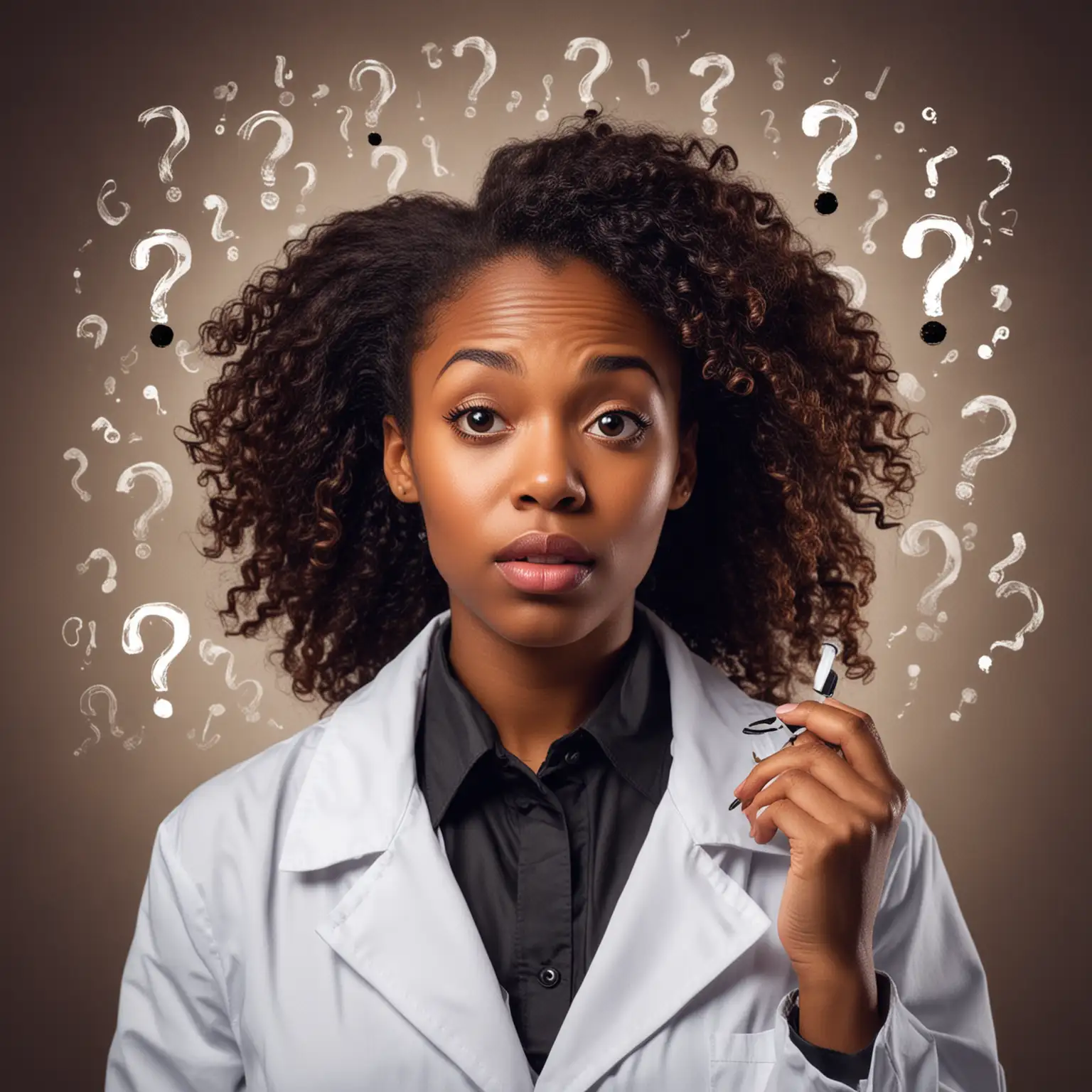 Confused African American Woman Perfumer in Lab Coat with Question Marks