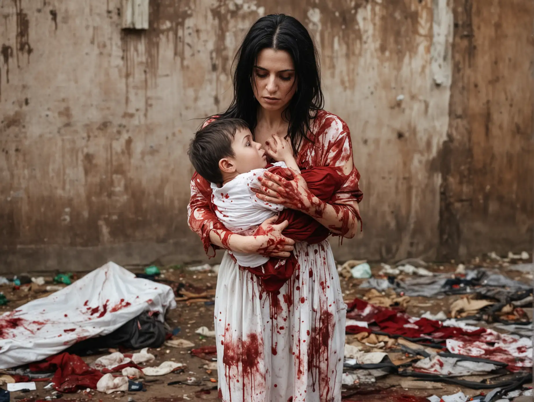 Woman-in-BloodStained-Clothes-Cradling-Unconscious-Boy