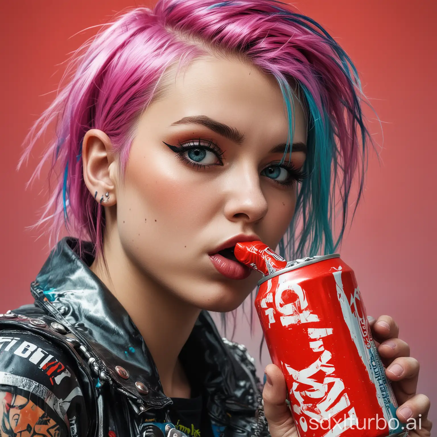 polish punkgirl drinking from soda can, super duper colors