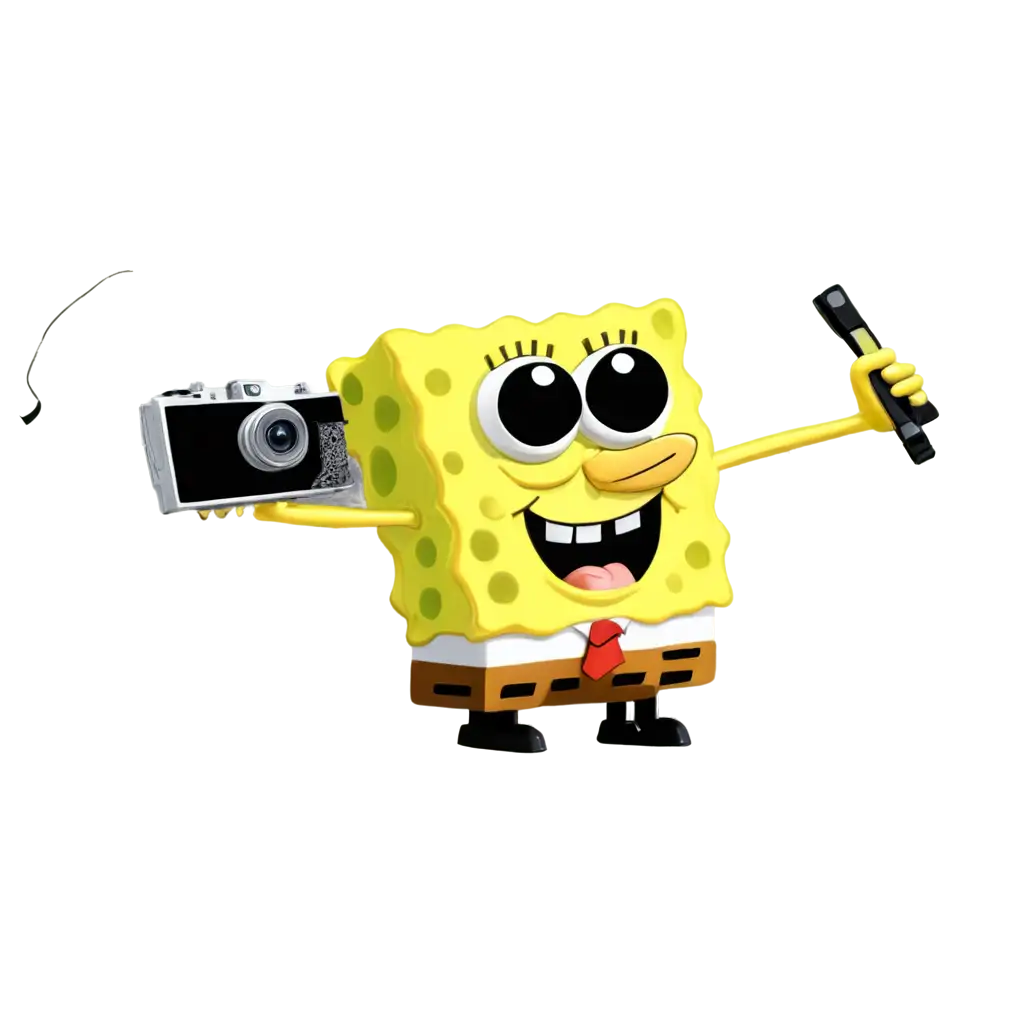 2D Cartoon Spongebob Squarepants (Yellow Sponge) Holds A FujiFilm Camera