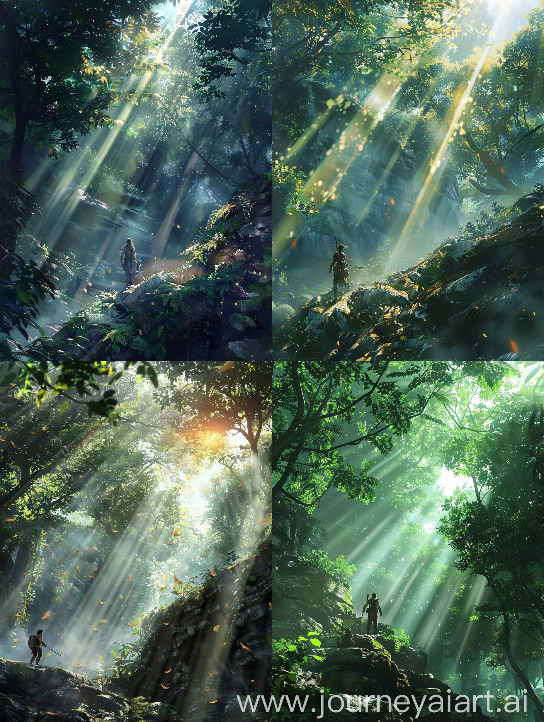 Enchanted-Forest-Warrior-in-Dappled-Sunlight-Uncharted-Game-Art-Style
