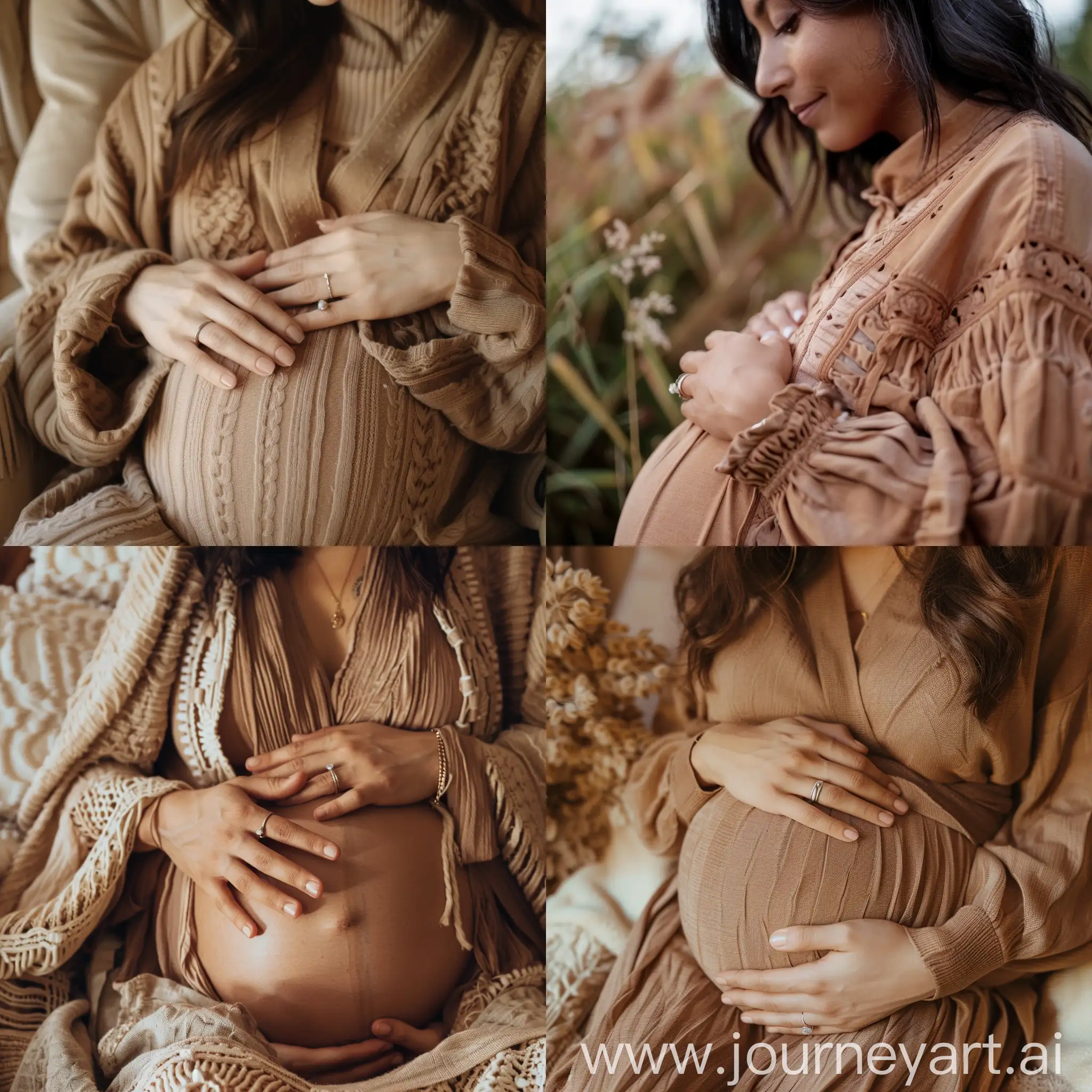 Aesthetic instagram photograph of a pregnant Middle School teacher, resting her hands on her belly, natural folds, woman, mid 40's, soft brown clothing color tones, different ethnicities, wedding ring