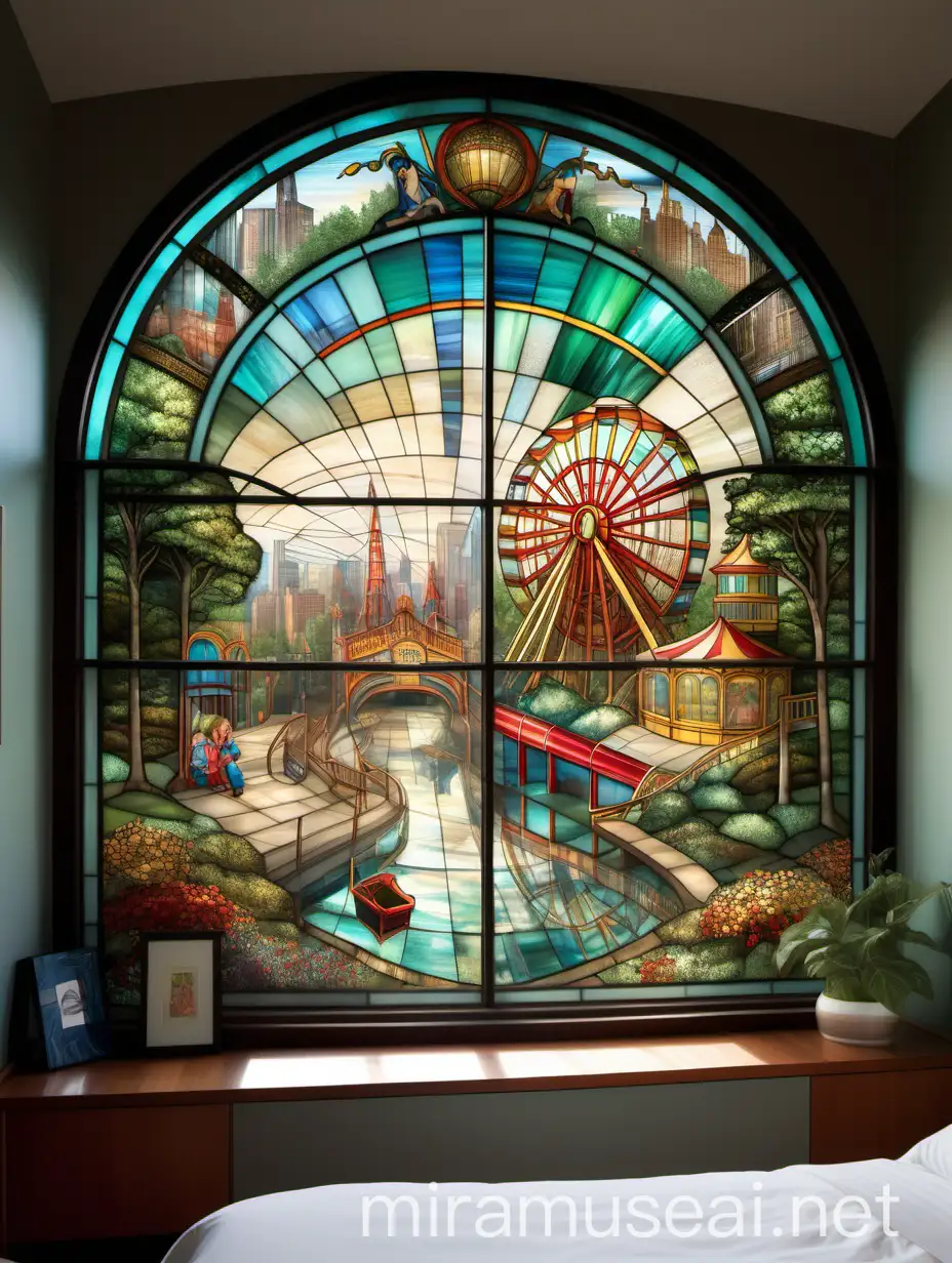 Childrens Amusement Park Attractions Illustrated on Tiffany Stained Glass Bedroom Window