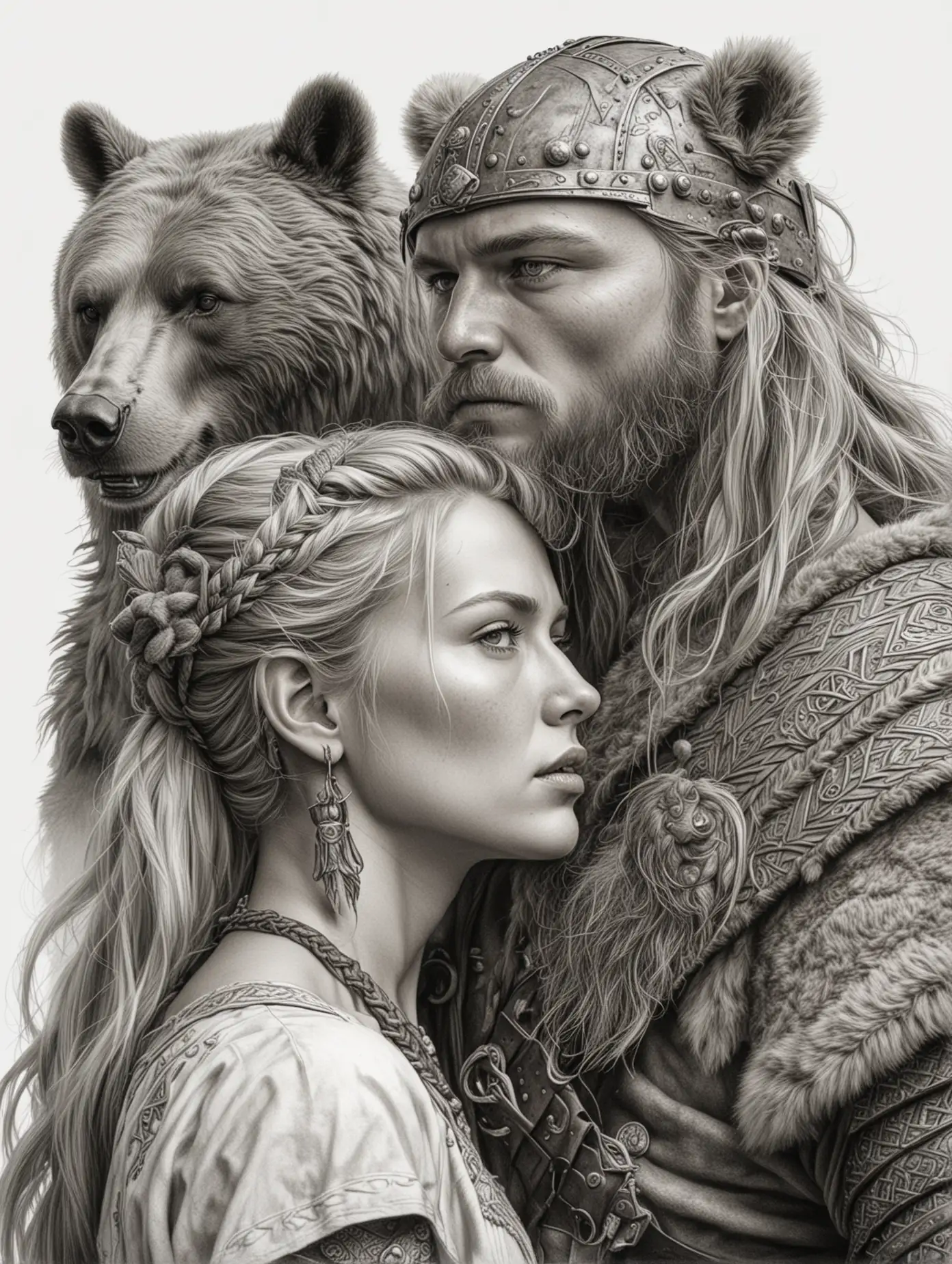 Detailed-Pencil-Drawing-of-Viking-Man-and-Woman-with-Bear-on-White-Background