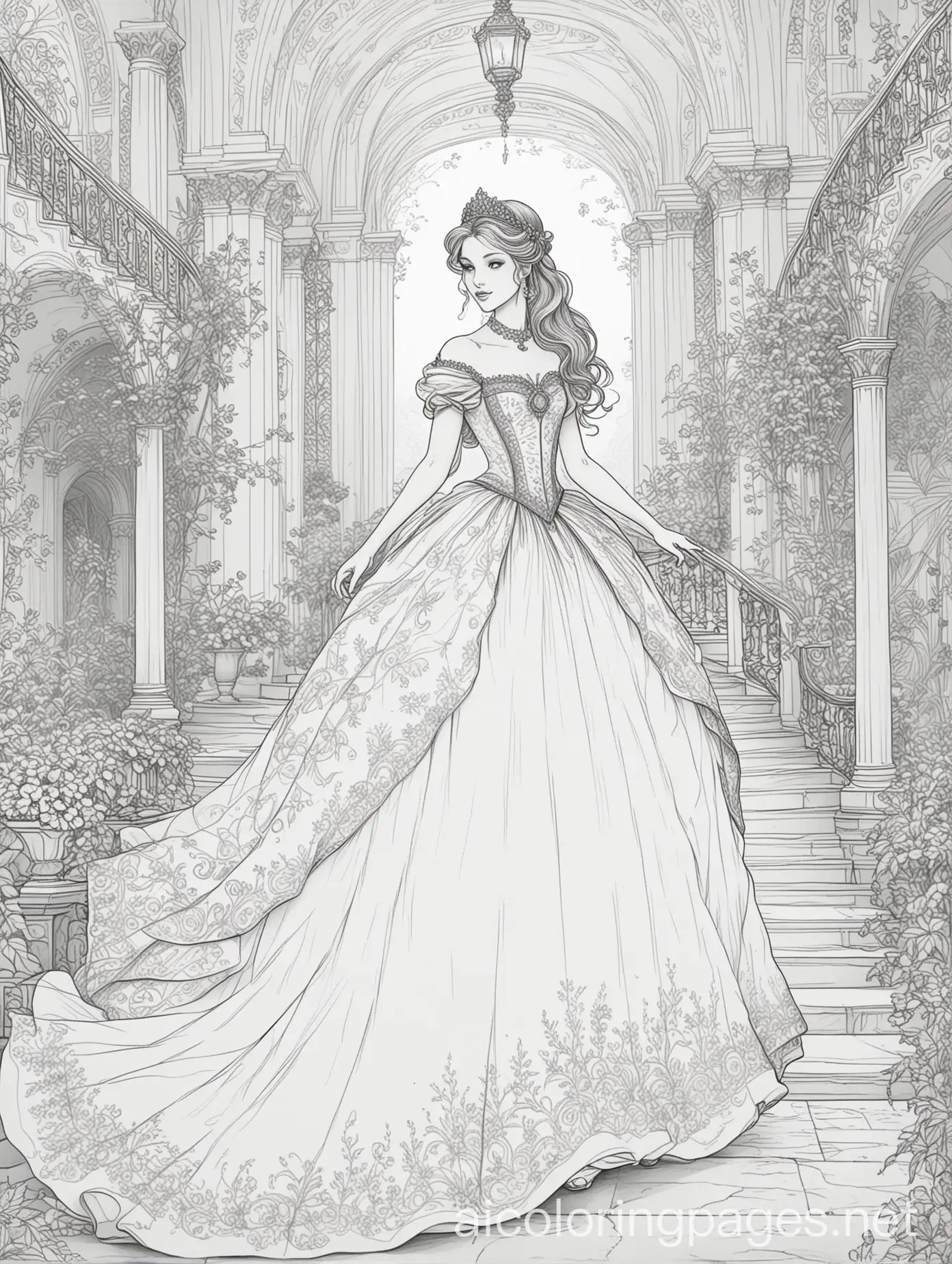 A fairy-tale princess who was invited to a ball at the palace by a prince, Coloring Page, black and white, line art, white background, Simplicity, Ample White Space. The background of the coloring page is plain white to make it easy for young children to color within the lines. The outlines of all the subjects are easy to distinguish, making it simple for kids to color without too much difficulty