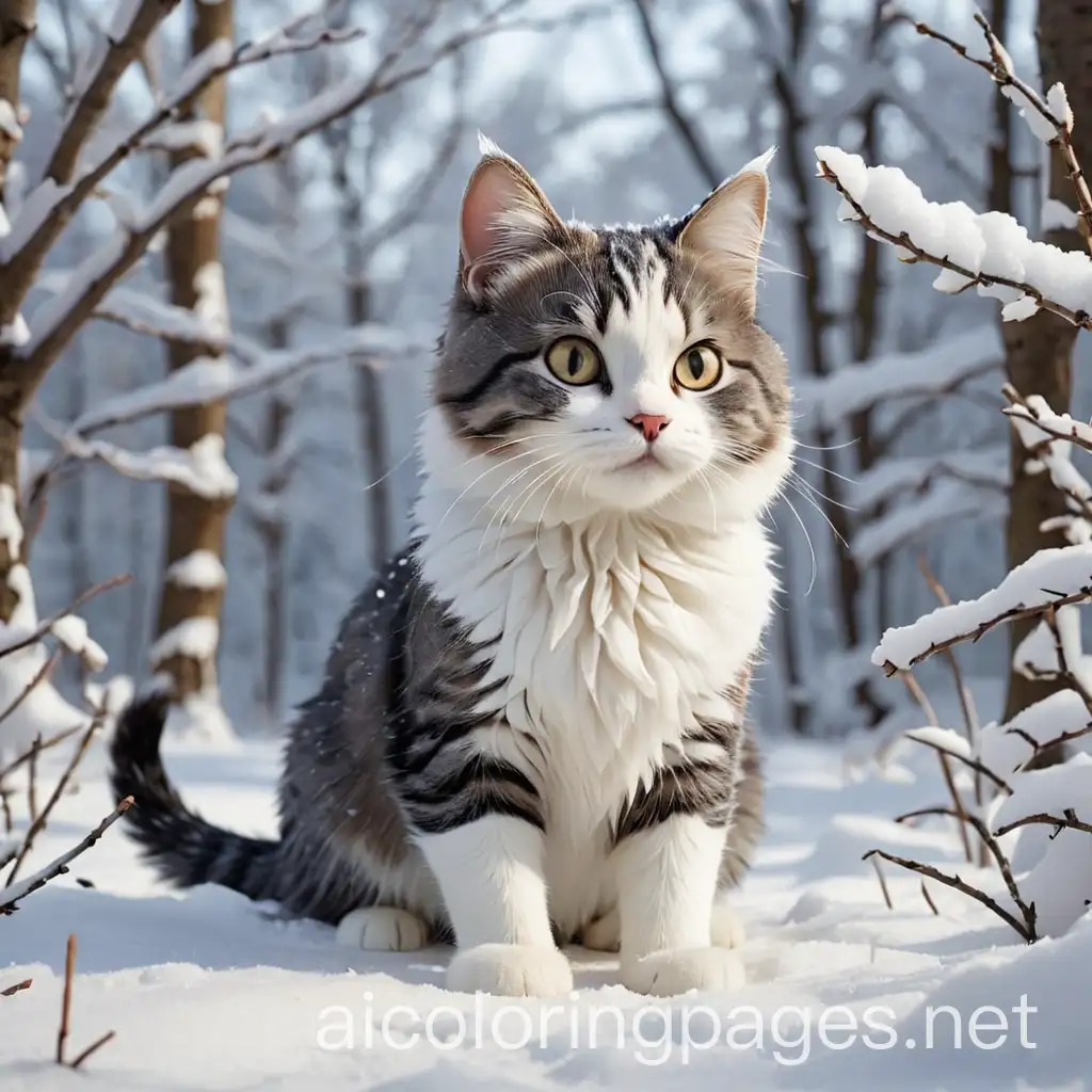 A picture of a beautiful cat on the snow and next to it trees in the form of snow, Coloring Page, black and white, line art, white background, Simplicity, Ample White Space. The background of the coloring page is plain white to make it easy for young children to color within the lines. The outlines of all the subjects are easy to distinguish, making it simple for kids to color without too much difficulty