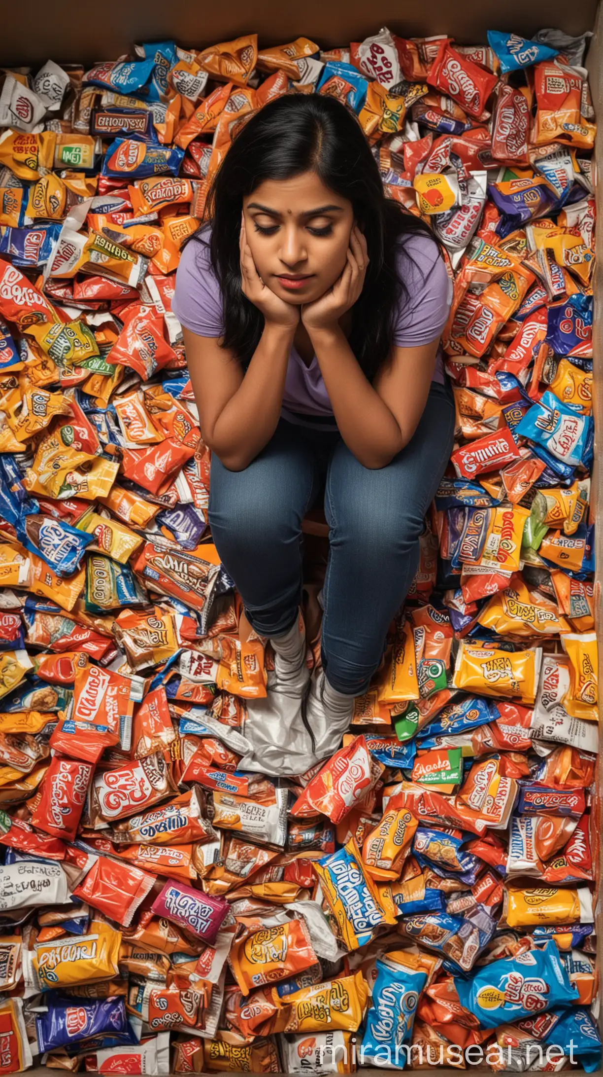 Show Priya reflecting on her unhealthy habits while surrounded by junk food wrappers.