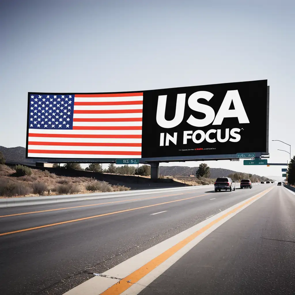 big highway billboard saying USA in Focus Magazine.