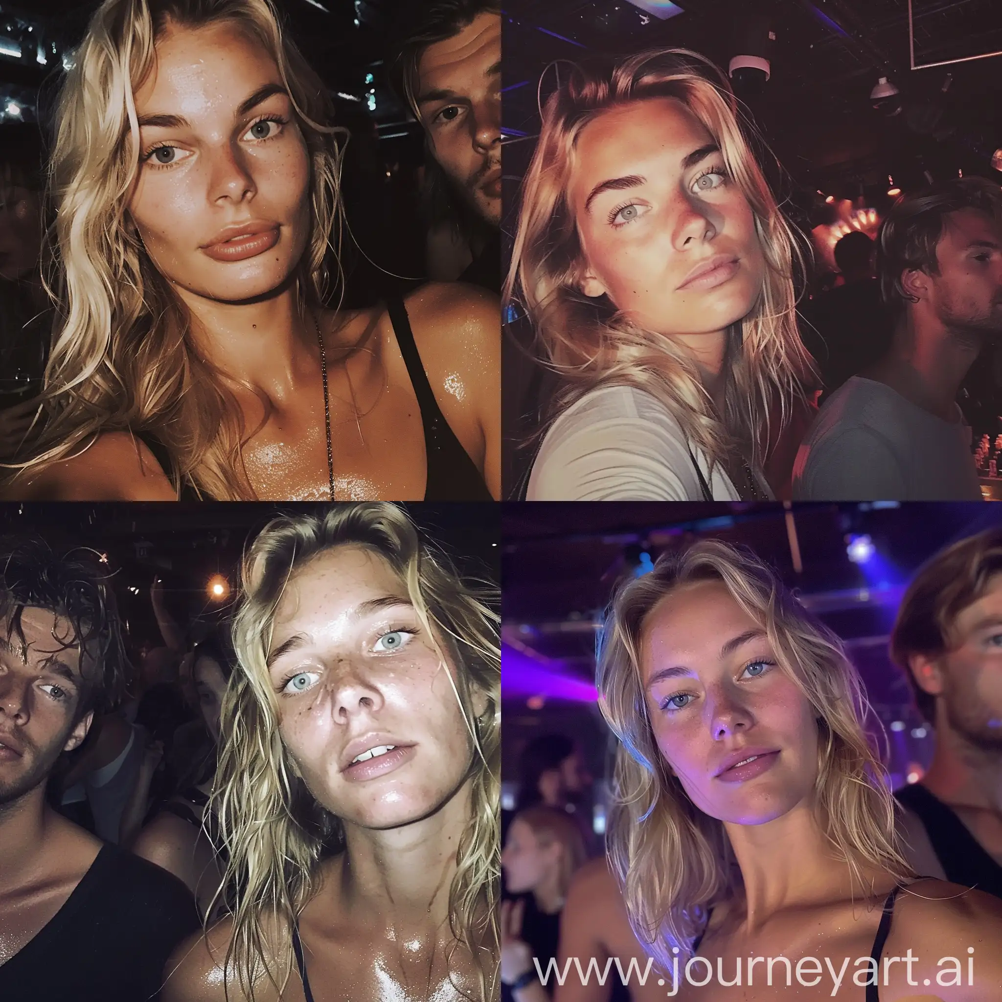 Aesthetic instagram selfie of a danish blonde woman in a party club, the woman is beautiful and looks typically danish, both are looking at the camera, sweaty and flirty --v 6 --ar 1:1