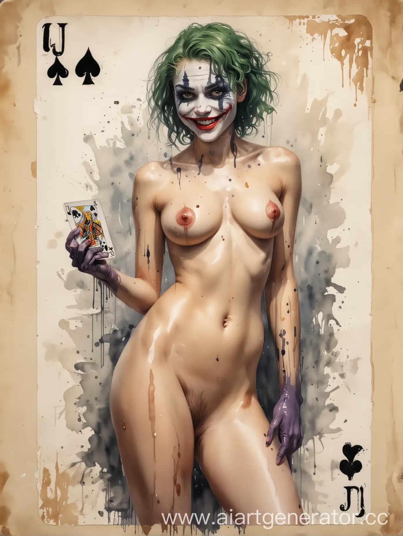 картина акварелью с детализацией: эротическая игральная карта Джокер с изображением в центре карты голой сексуальной худой женщины 18 лет в полный рост, тело закрашено боди-арт Джокера в пляшущей позе в полный рост, по углам карты буква "J"