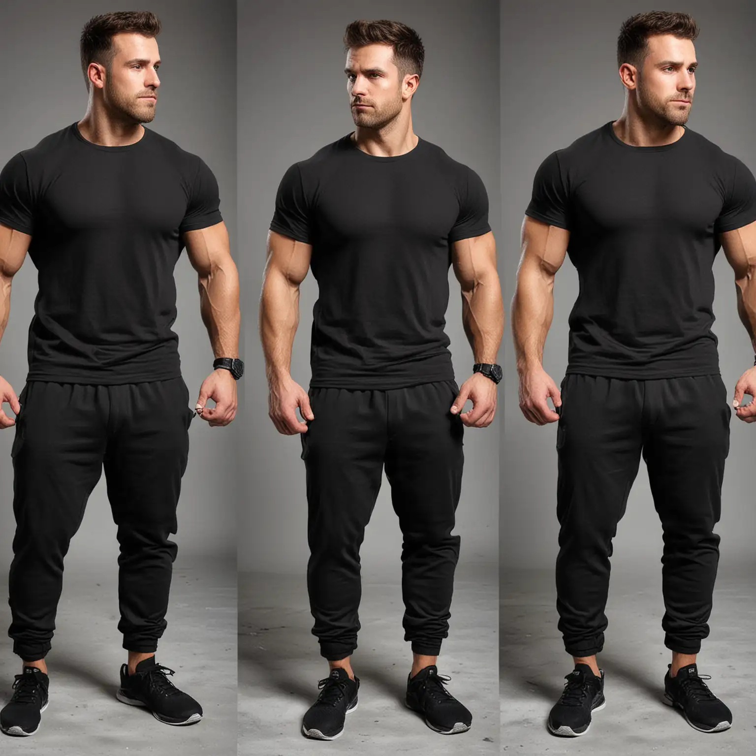 generate an image of a crossfit man wearing balck tshirt with black track pants from 4 angles