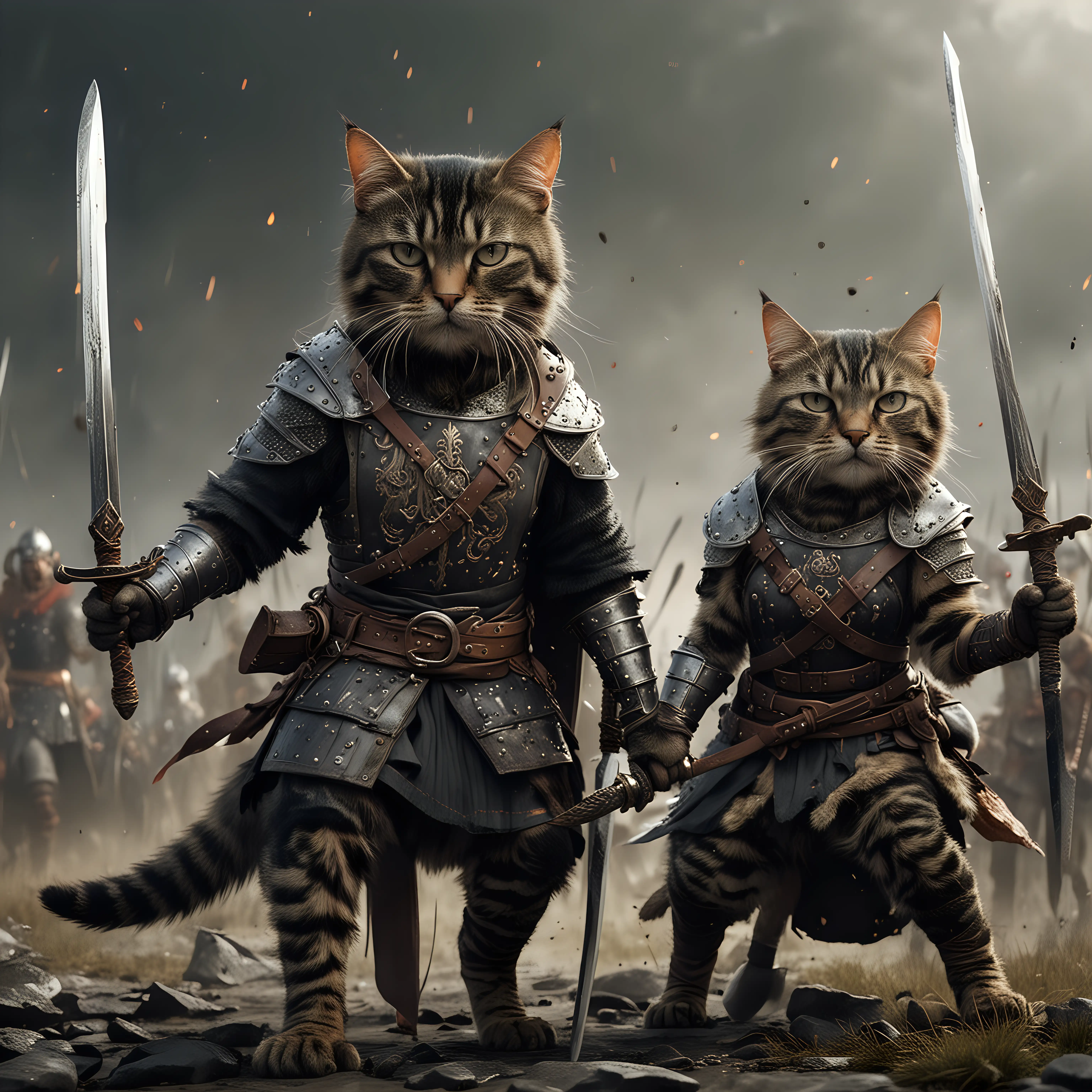 Highest Image quality, two anthropomorphic, black tabby cats, human sized, one male and one female, angry facial expressions, dressed as Viking warriors, wielding shields and swords in battle