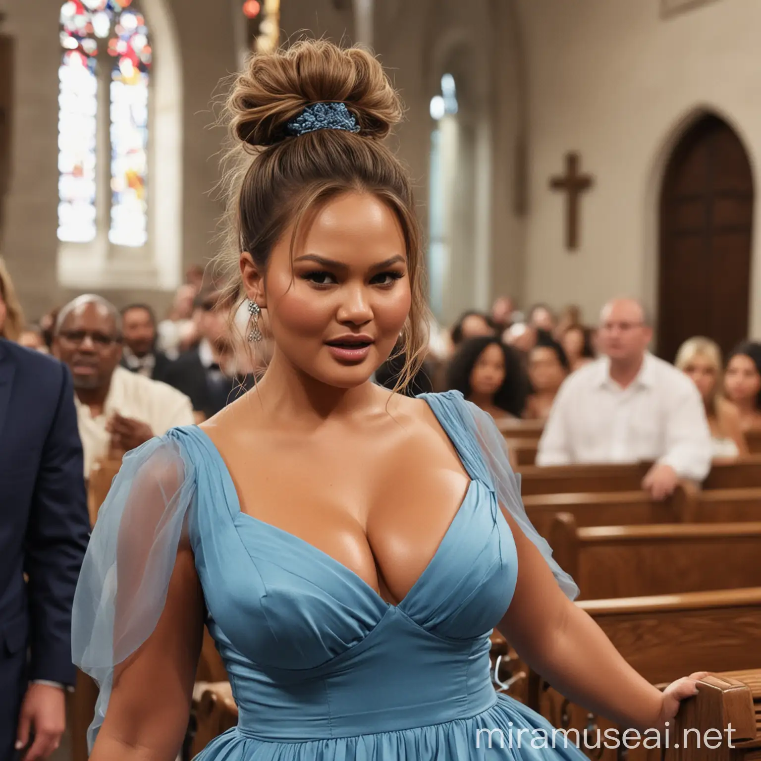 Chrissy Teigen Stunning in Blue Bridesmaid Dress at Church Ceremony