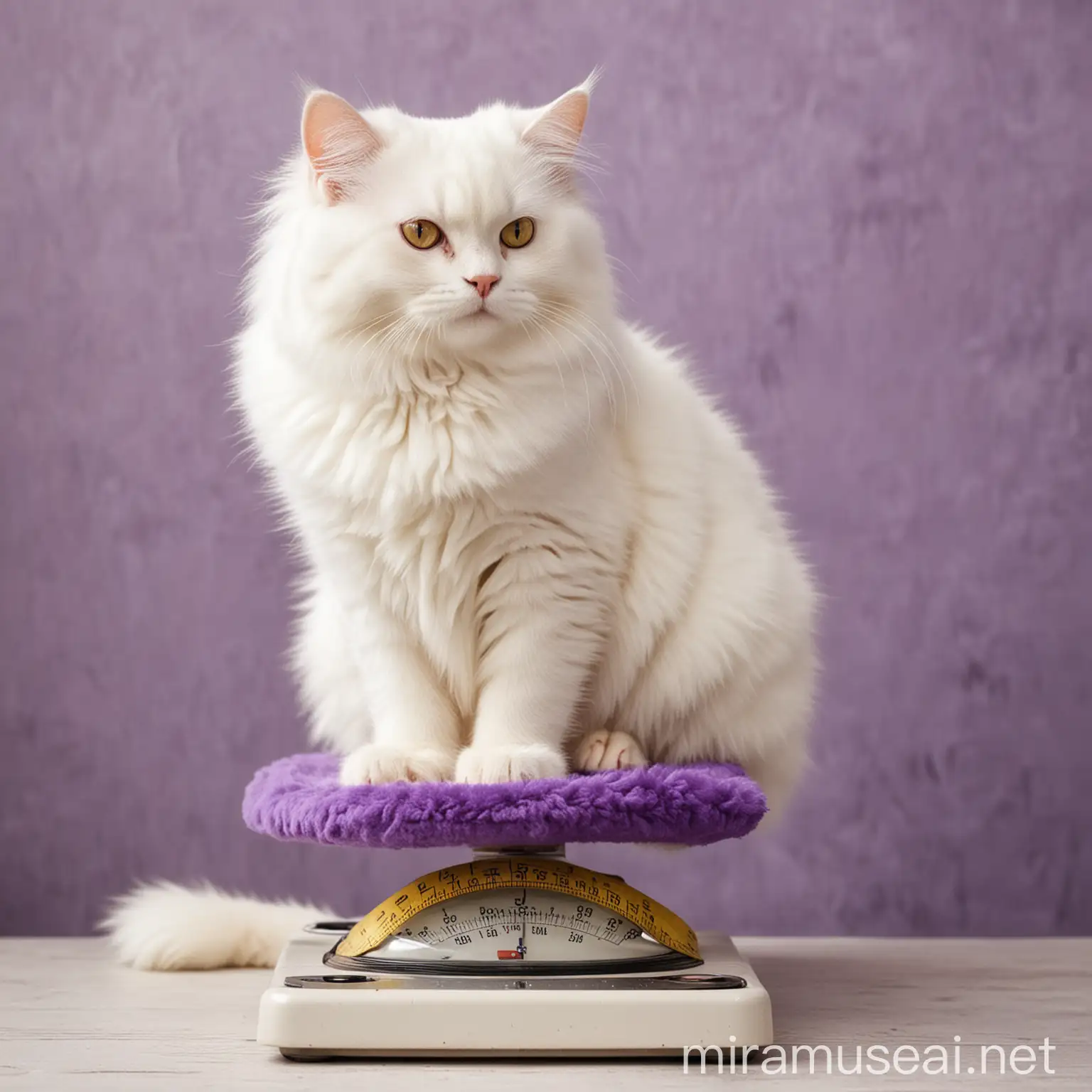 пушистый белый кот сидит на весах. Сиреневые и желтые тона