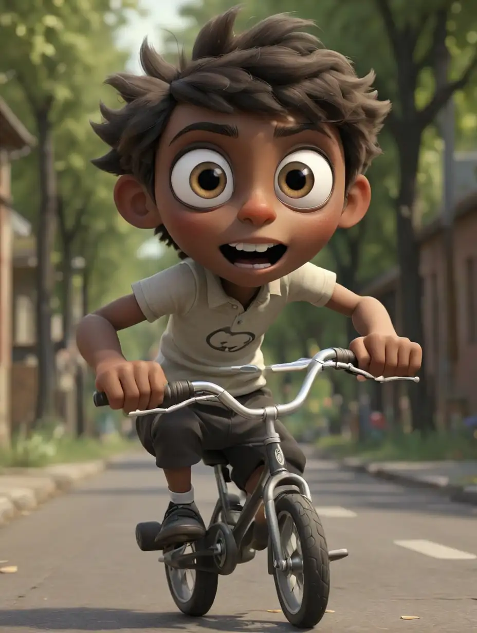 3D Animation Apple with Black Feet and Hands Big Eyes and Small Mouth Riding a Bike