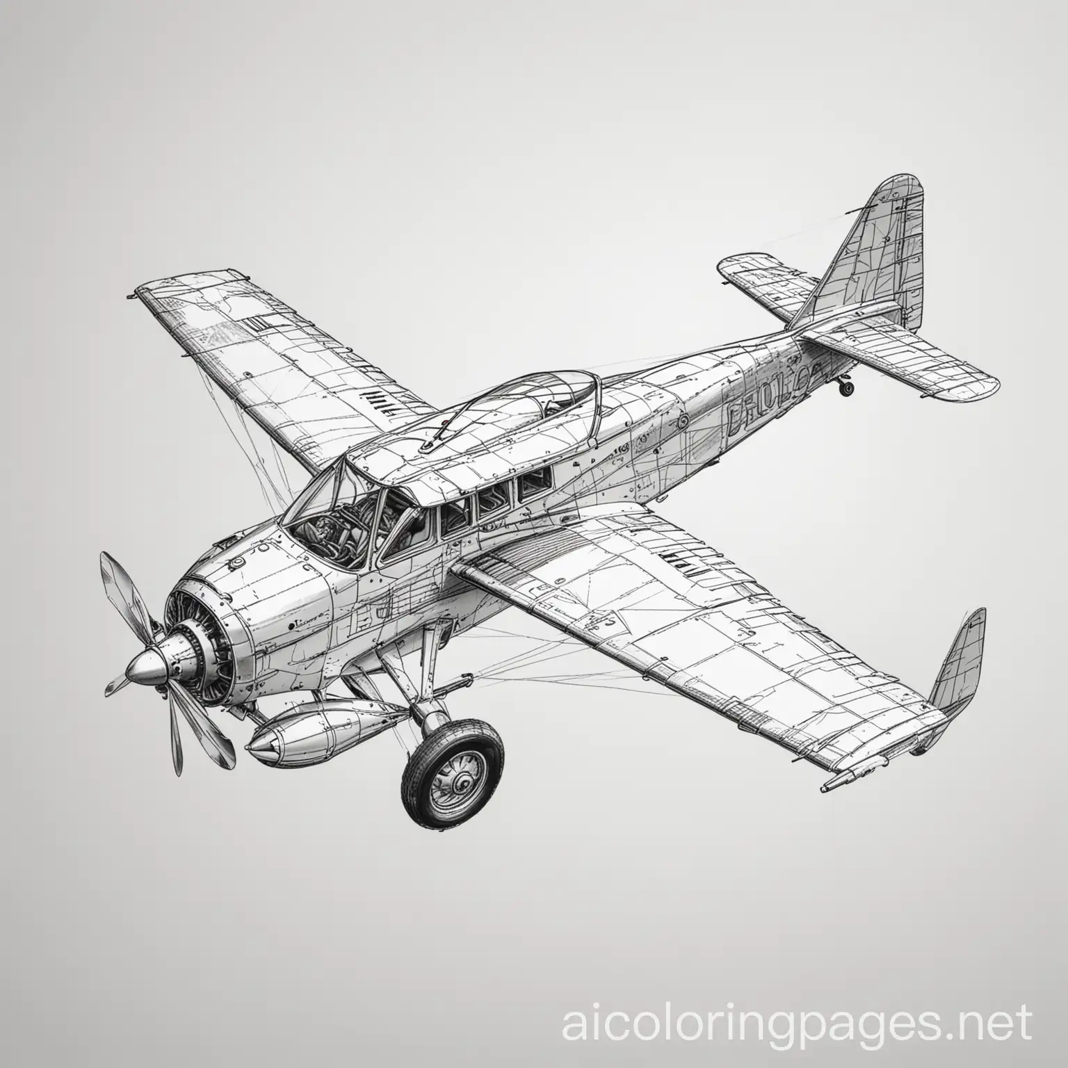 flyplane, Coloring Page, black and white, line art, white background, Simplicity, Ample White Space
