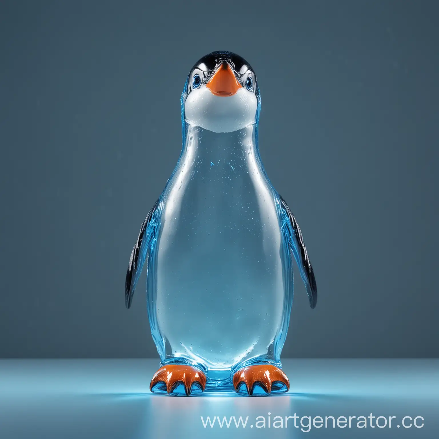 Стеклянная прозрачная бутылка в виде пингвина, голова пингвина смотрит перпендикулярно вверх, клюв открыт,  в клюве пингвина крышка бутылки, голубое неоновое освещение