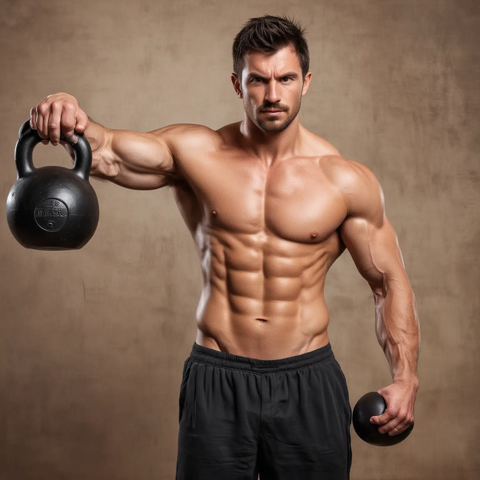 bare chested circus strong man ith six pack abs and huge biceps lifting up a huge kettlebell weight
