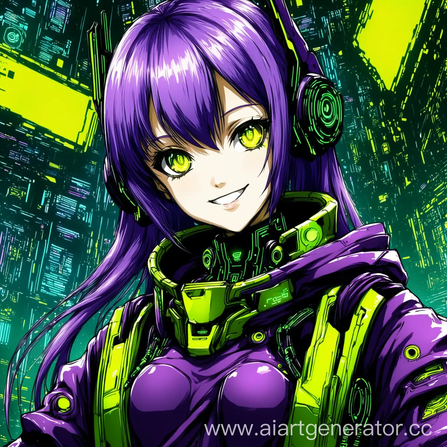 Smiling-Cyberpunk-Anime-Girl-in-Vibrant-Green-Purple-and-Yellow-Colors