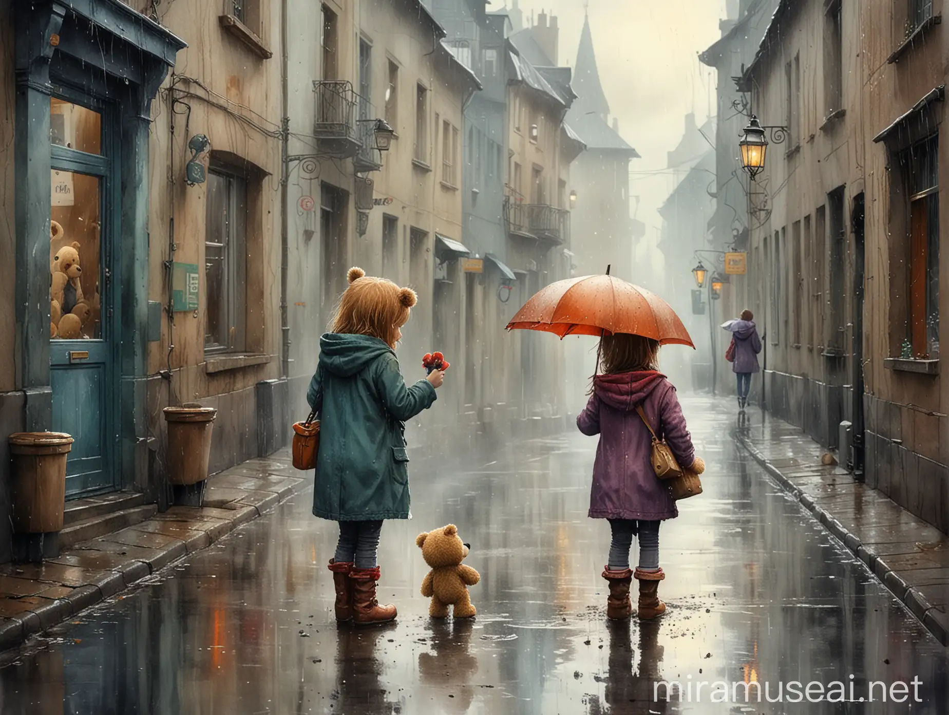 город, дождь, девушка находит на улице плюшевого медвежонка, watercolour style by Alexander Jansson