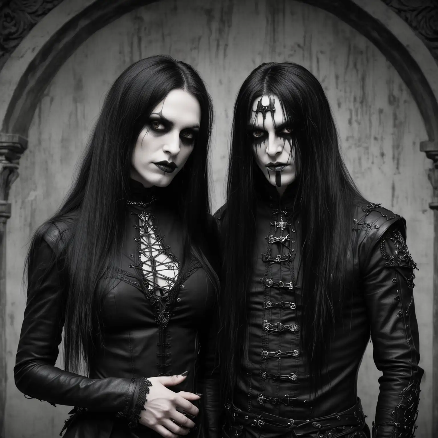 A blackmetalhead man and a gothic woman, both have long black hair. The image should be inspire by 50 Shades of gray and BDSM Aestethis.