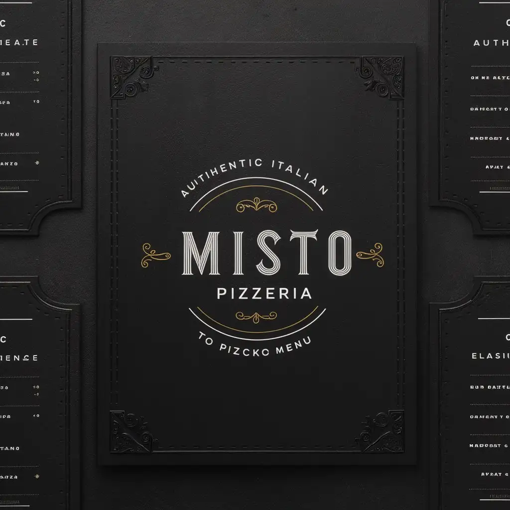 Misto Pizzeria, Menu, Black minimalist Vintage menu, Edge decoration, Classic menu, Elegant menu, Template, A4, authentic