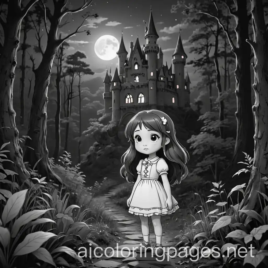 girl in forest at night looking for magical castle. in the cute and creepy kawaii style.
, Coloring Page, black and white, line art, white background, Simplicity, Ample White Space. The background of the coloring page is plain white to make it easy for young children to color within the lines. The outlines of all the subjects are easy to distinguish, making it simple for kids to color without too much difficulty
