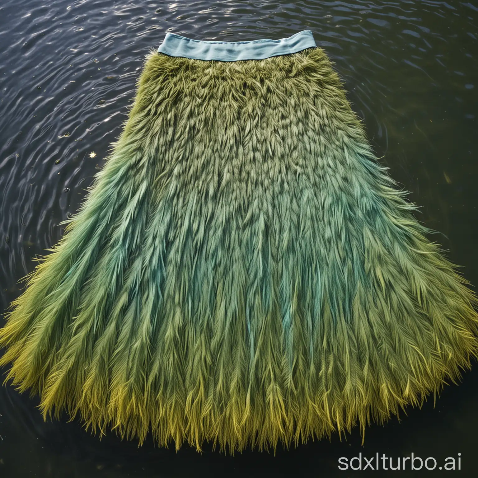 A feather skirt, with the waist adorned by small, fine, and slightly gray feathers; descending from there are feathers predominantly in shades of green, accented with a few touches of brown. At the hem and edges of the skirt, you'll find feathers that shimmer with a mysterious blue hue, interspersed with specks of yellow, resembling the glinting ripples on the surface of a lake. The skirt, from top to bottom, appears to be divided into three distinct parts: the upper part resembling a gray river, the middle a verdant forest, and the lower part a sky of blue.