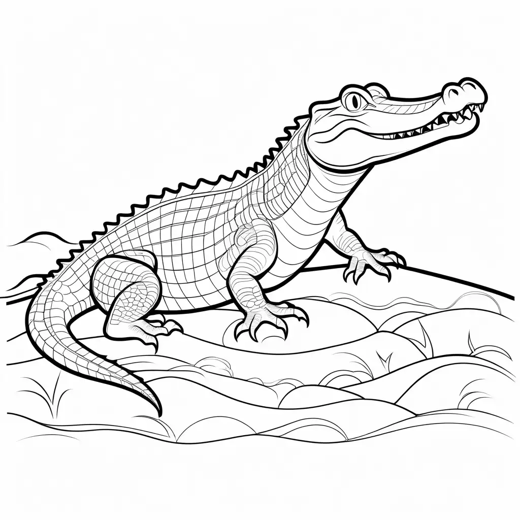 coloring book crocodile, Coloring Page, black and white, line art, white background, Simplicity, Ample White Space. The background of the coloring page is plain white to make it easy for young children to color within the lines. The outlines of all the subjects are easy to distinguish, making it simple for kids to color without too much difficulty