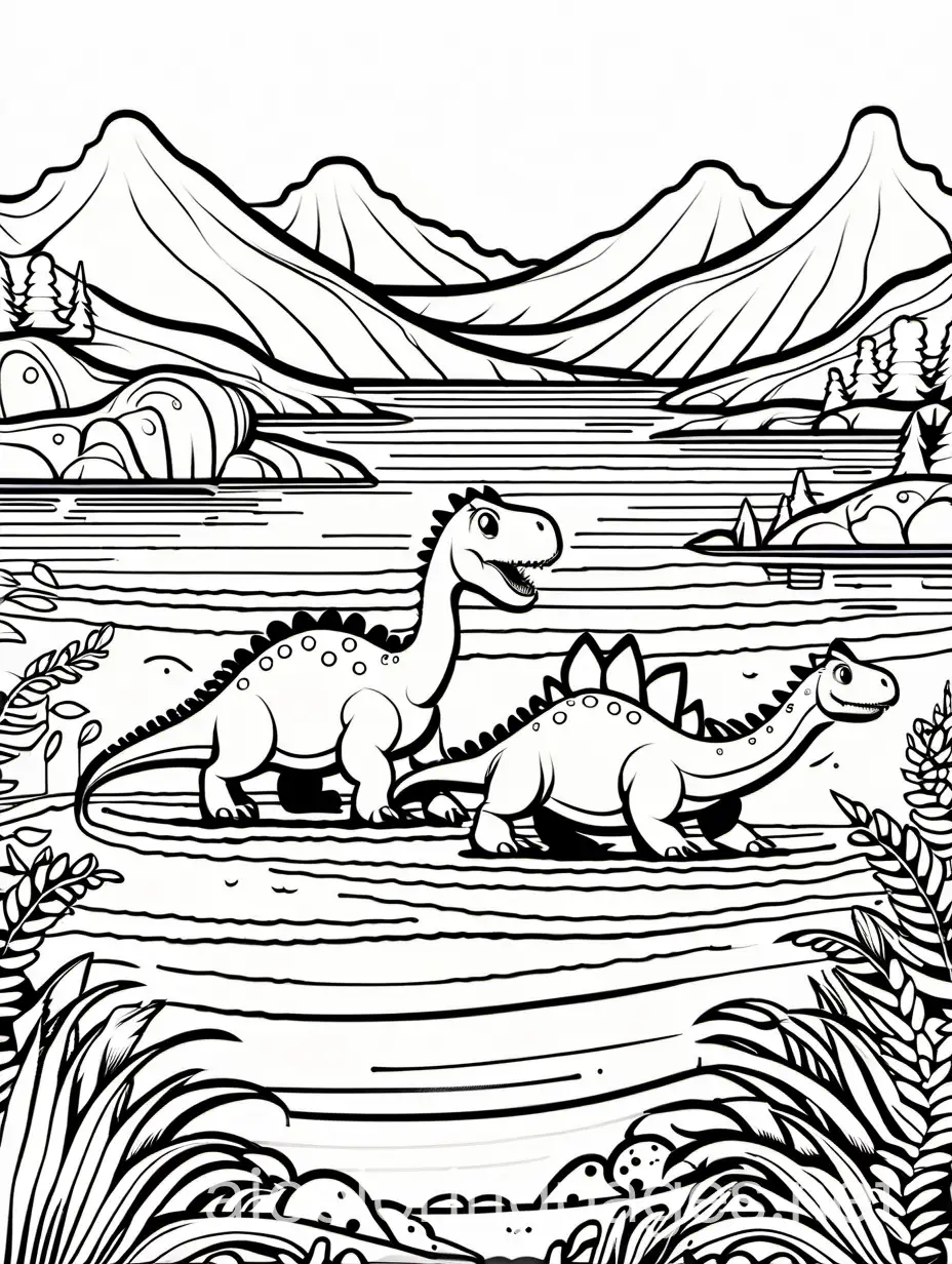 two cute dinosaurs playing in lake, Coloring Page, black and white, line art, white background, Simplicity, Ample White Space. The background of the coloring page is plain white to make it easy for young children to color within the lines. The outlines of all the subjects are easy to distinguish, making it simple for kids to color without too much difficulty