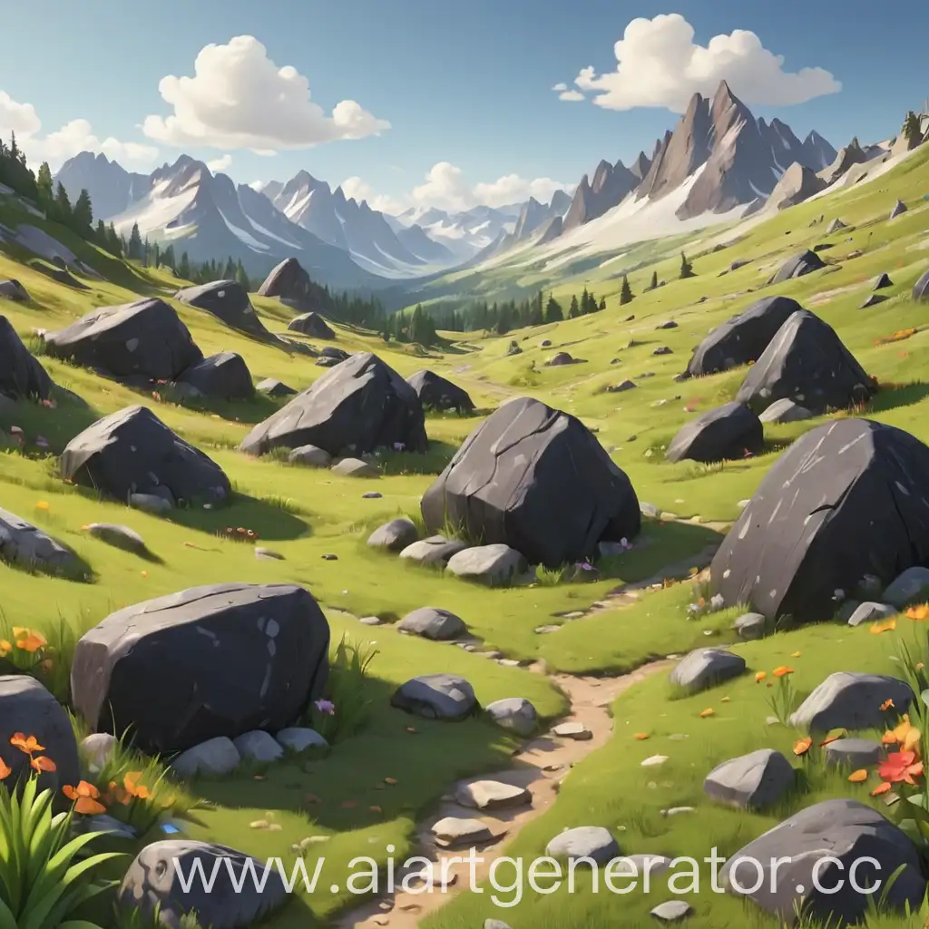 Cartoon-Alpine-Meadows-Plain-with-Black-Rocks