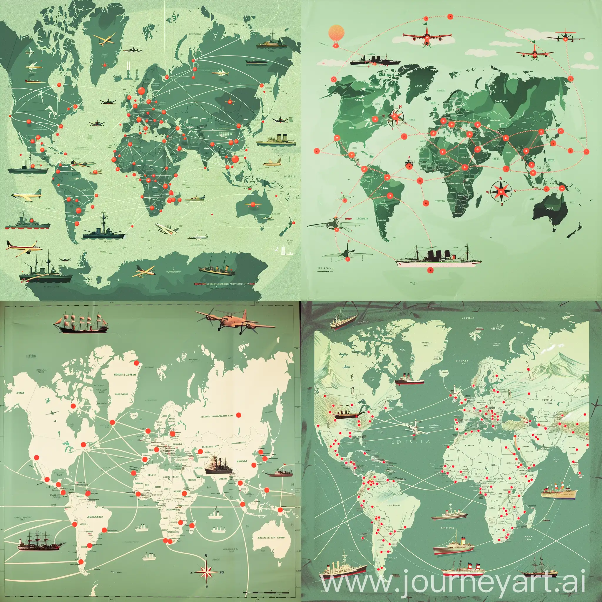 A map of the planet earth with a schematic arrangement of ships, planes and red dots in the capitals of different countries, with a dotted line of them. It's all in pastel green
