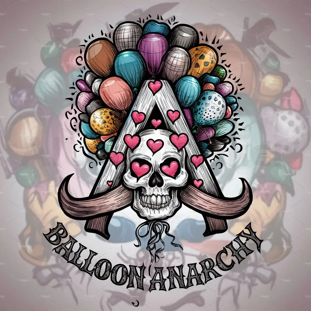 a logo design,with the text "Balloon Anarchy", main symbol:Generate a logo that turns the anarchy logo into an ed hardy skull and hearts inspired balloon company with a company name Balloon Anarchy,Moderate,clear background