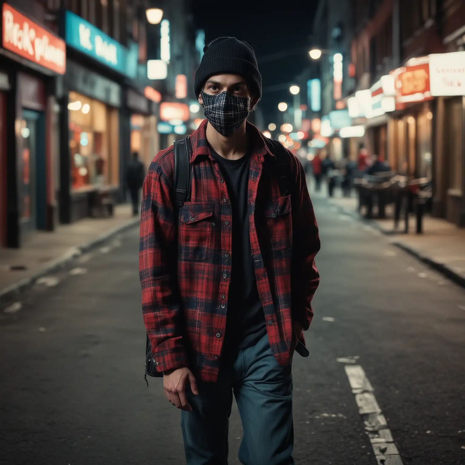 A full body potrait young man with black plaid shirt and cargo khaki pants, black sneakers, wearing black beanie, black mask, walks through a neon-lit urban city street at night, he looking around, holding a DSLR camera in his hand, his expression a mix of determination and nonchalanc, candid view.  

[Photorealistic, street photography, inspired by the work of  Vivian Maier and Henri Cartier-Bresson], [Shallow depth of field, blurred background, cool blue and red tones, grain, film texture, nighttime city setting]