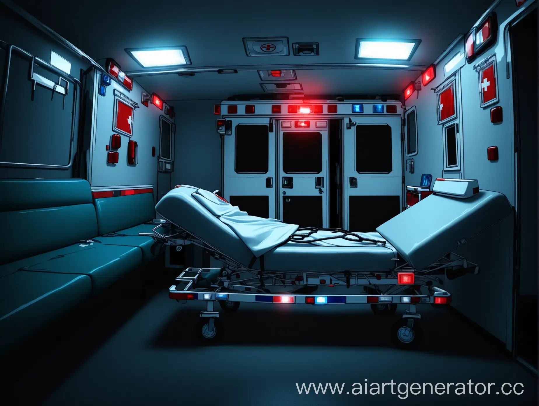 Medical car, couch, bright blue and red flashing lights, death, gray tones 