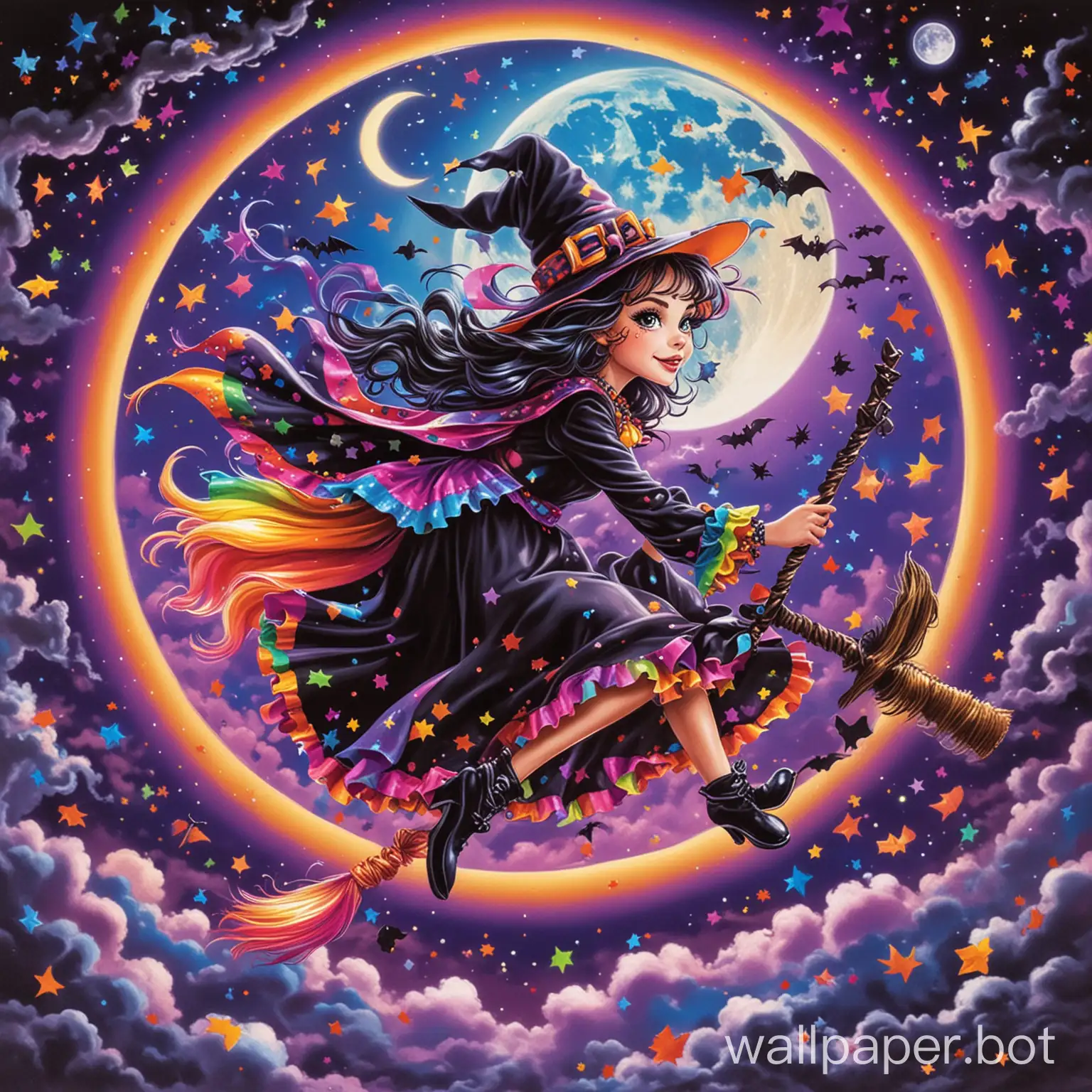 Colorful-Lisa-Frank-Halloween-Witch-Flying-in-Front-of-Full-Moon