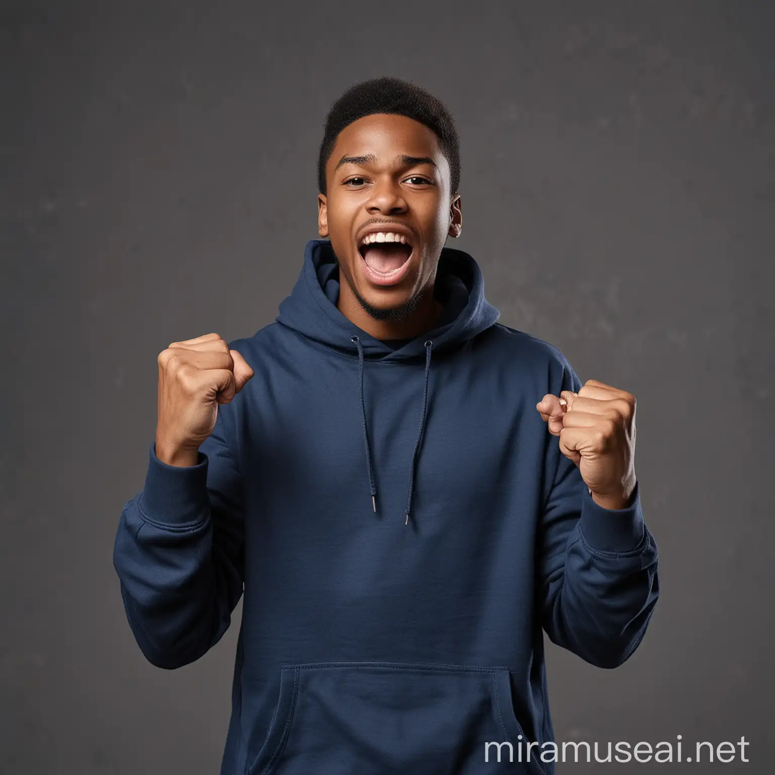  African American young man celebrating enthusiastically with clenched fists in the air, wearing a dark blue sweatshirt , standing against gray space, facing camera