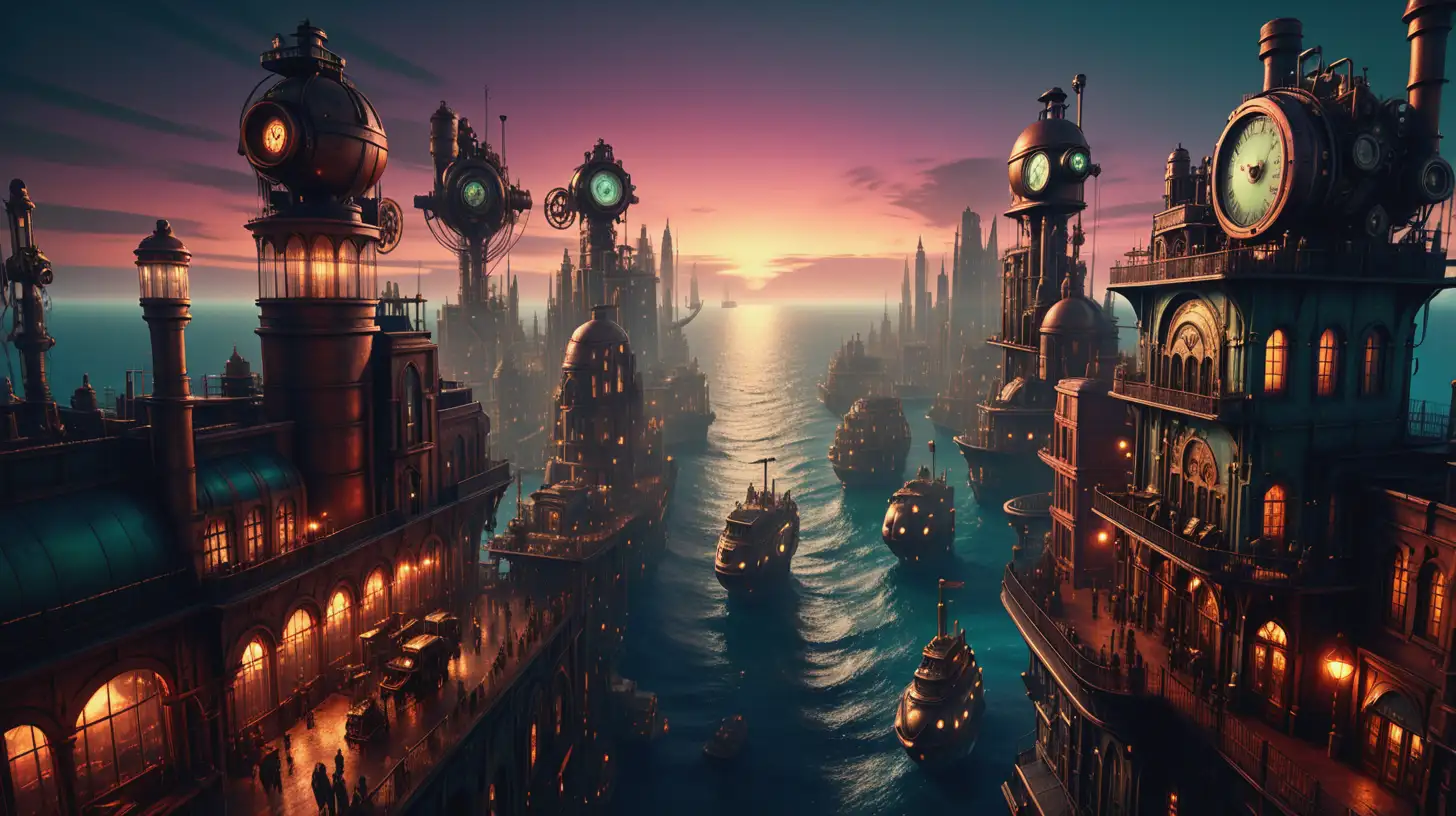 A vast Steampunk city on the edge of a vast ocean, at twilight. Cinematic lighting, photographic quality, vibrant colors.