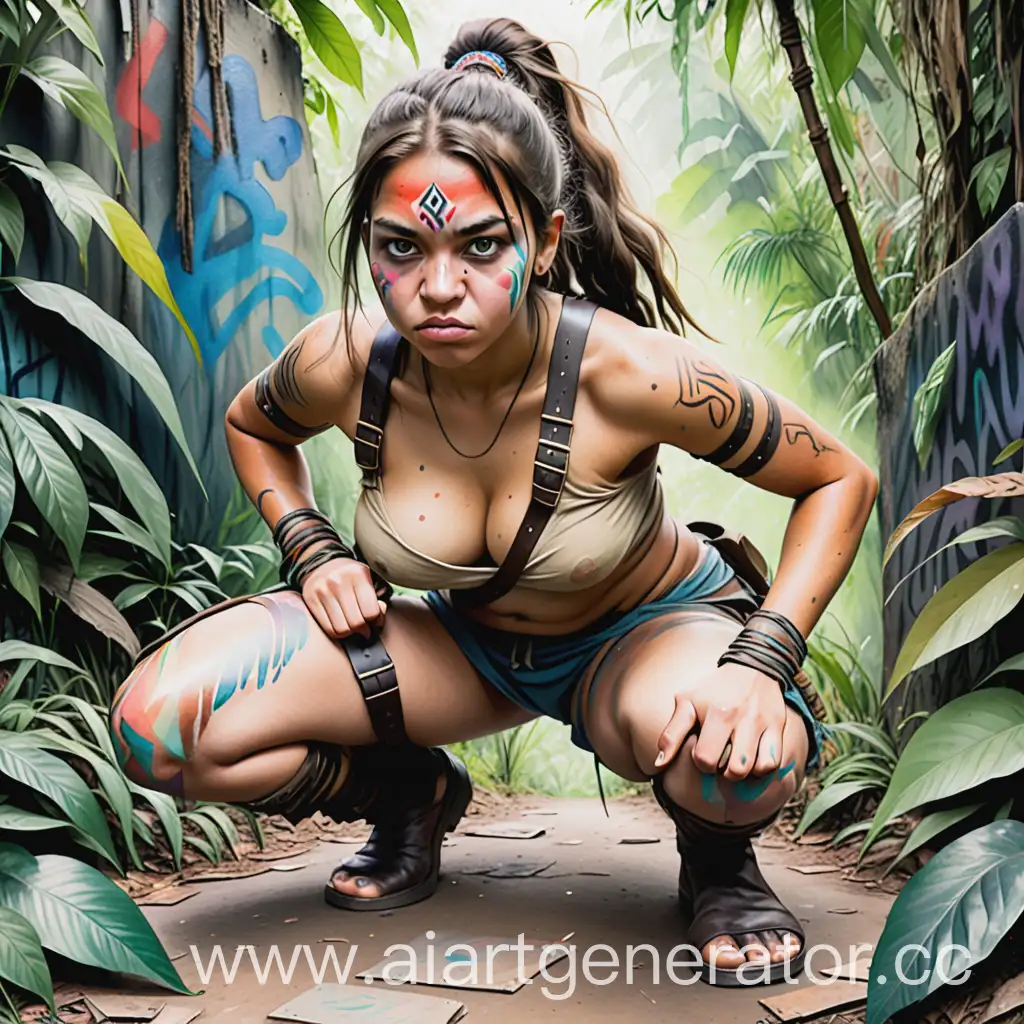  Shamanic, 20 year old woman, crouching, ready to attack, bust 90f, wide hips, wrapped completely in leather straps, watercolor graffiti , jungle asymetric