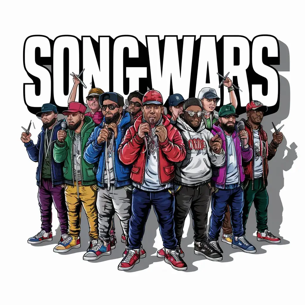 make me a picture where its a bunch of WHITE  rappers holding micROPHONES and joints. with TEXT written over it saying only the words  "SONGWARS"