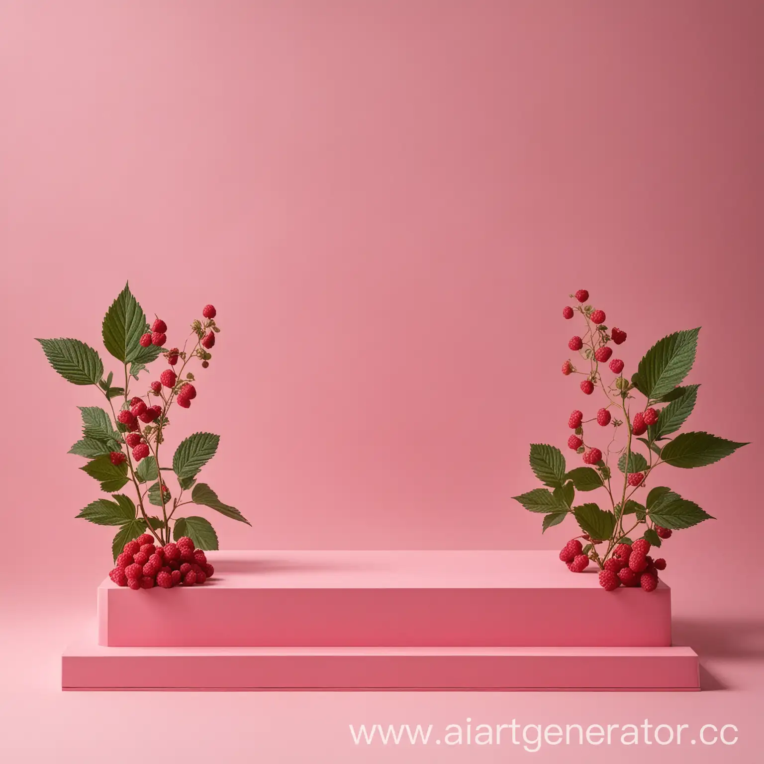 розовый подиум для товара вокруг подиума малина и листья