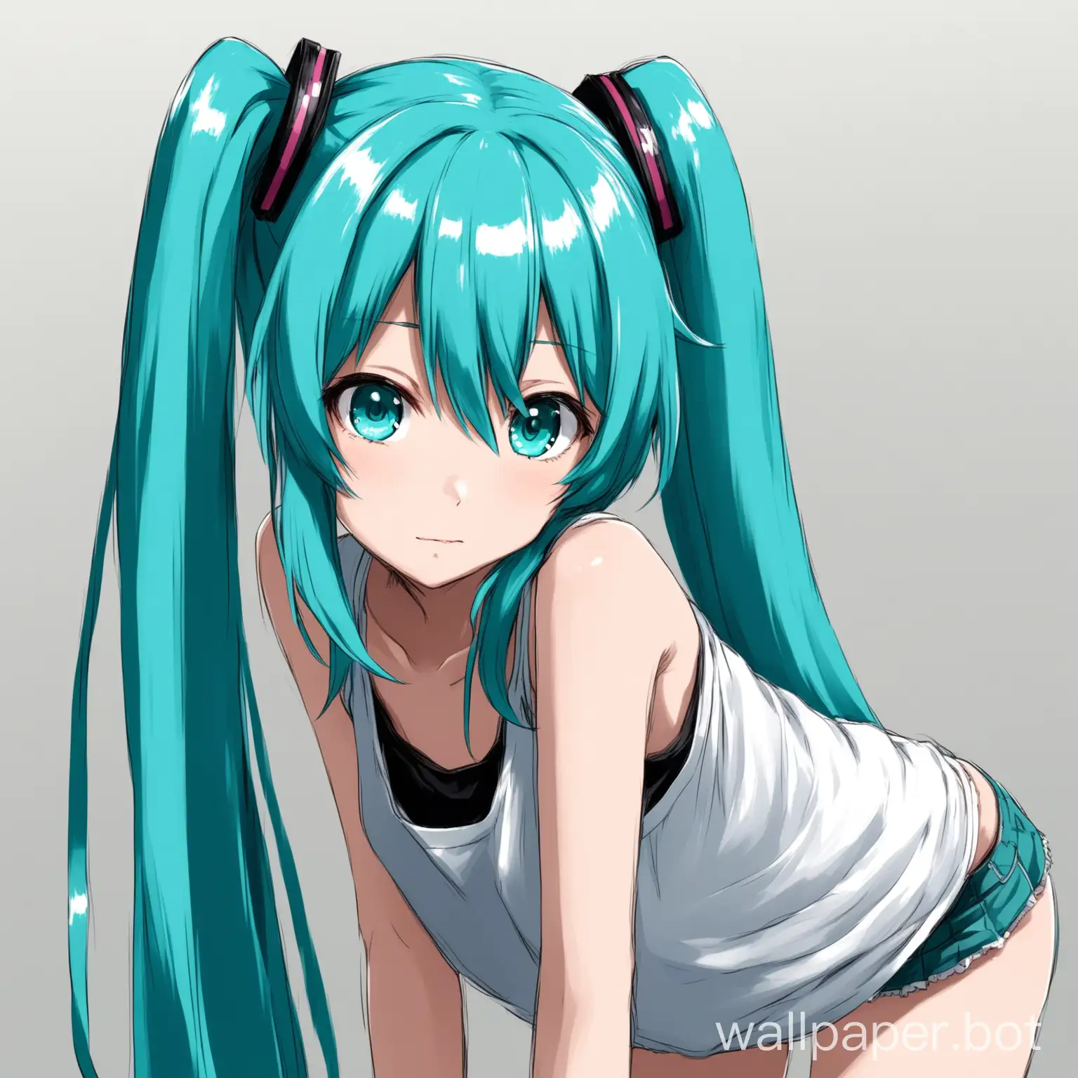 Miku Hatsune in a loose top leaning forward