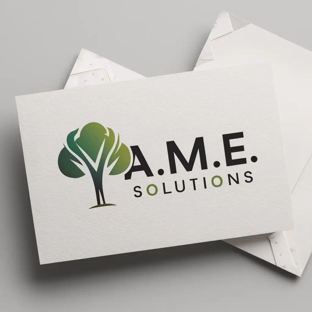 a logo design,with the text "A.M.E. Solutions", main symbol:this logo should include landscaping or a nature theme. colors green, black, and white. must be a logo on a white stationery design mockup,Moderate,clear background