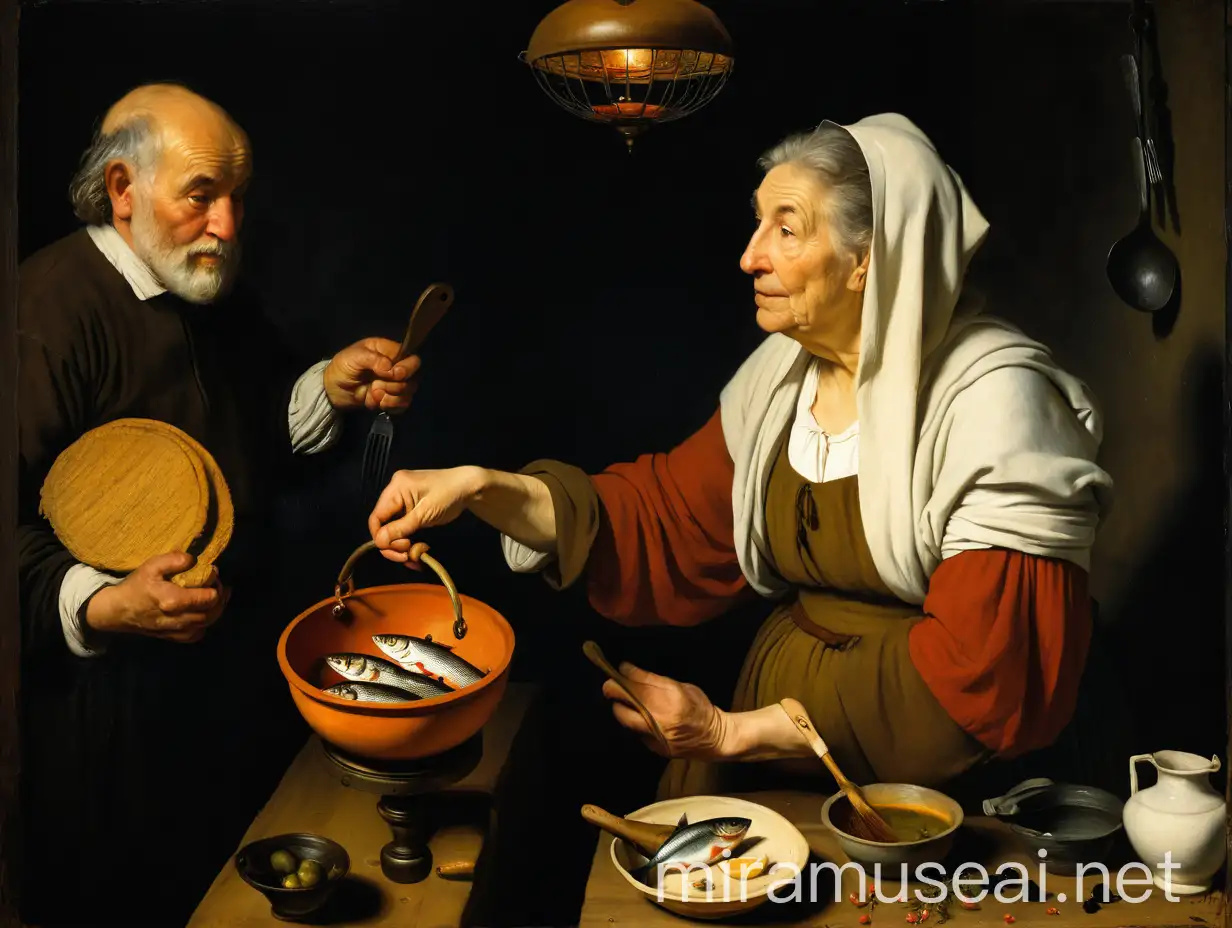 Chiaroscuro Scene Old Masters Style Painting of Kitchen with Young and Old Figures Cooking Fish