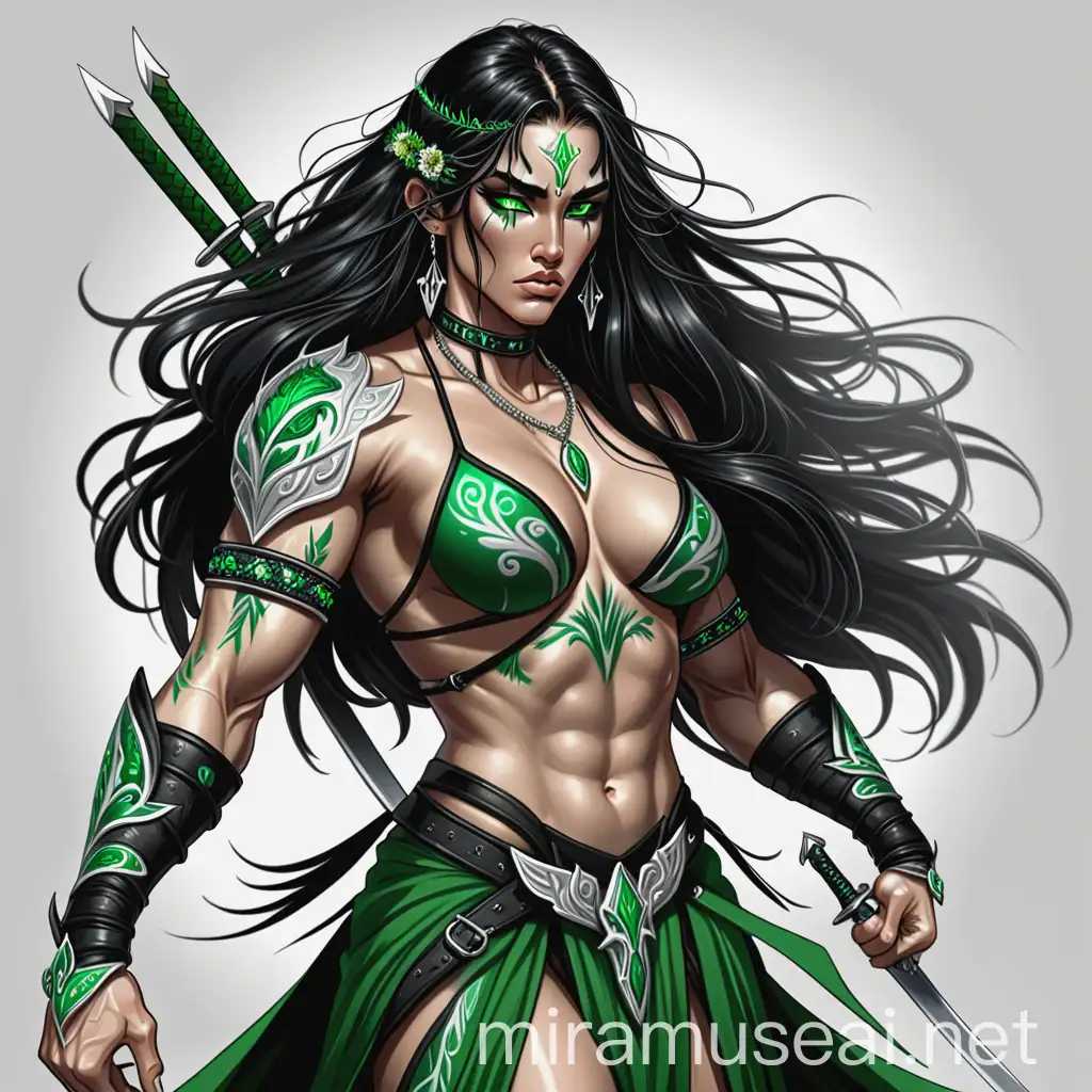 The wrestler Kaitlyn is an amazon warrior woman, she has green irises and long black hair blowing in the wind. He has two Amazon Kopis swords sheathed on his back and only their handles can be seen, he has two silver bracelets with an embroidered deer, he has a light silver necklace. in D&D art style