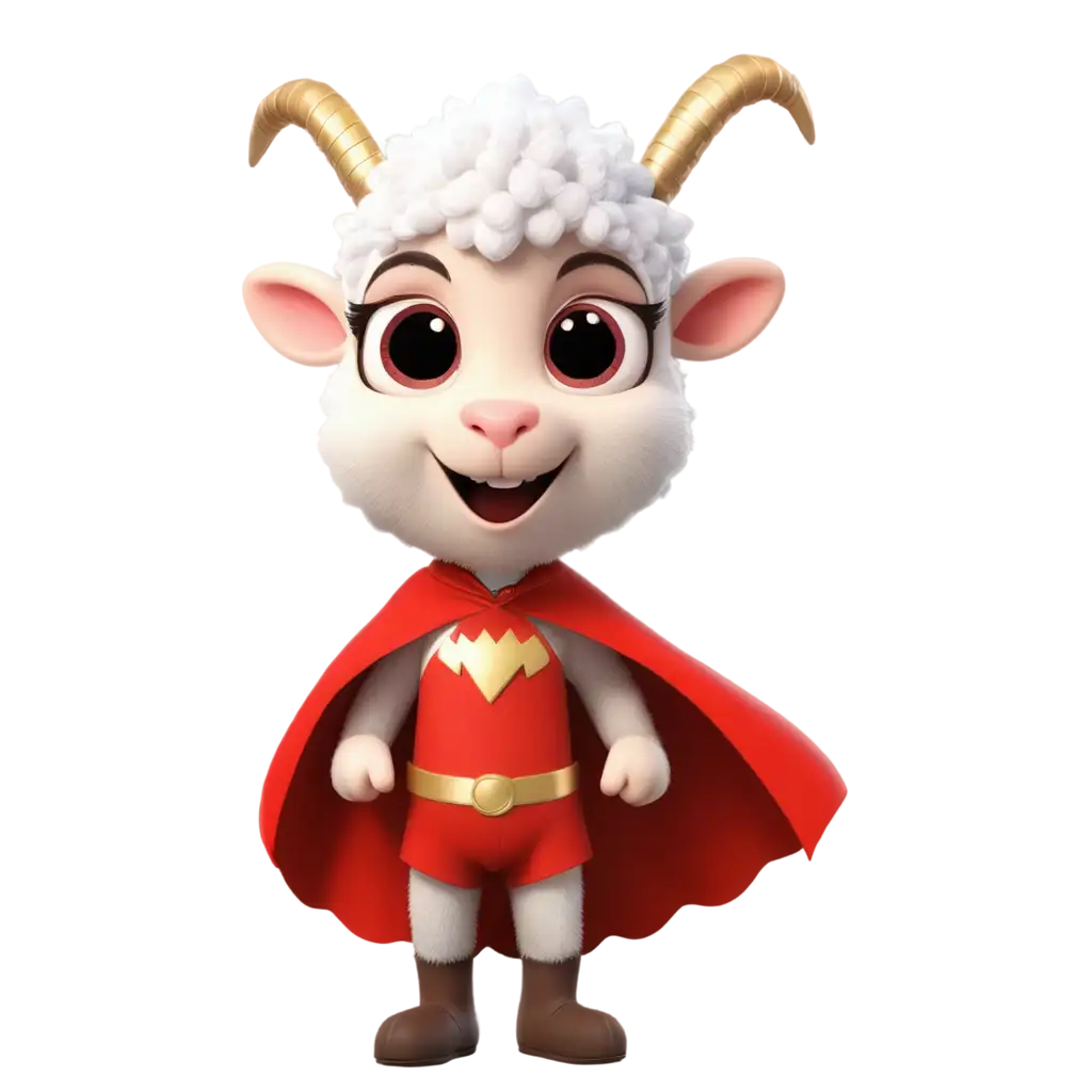 3D big eyes cute baby sheep with horn wearing red wing superhero costume and red hat