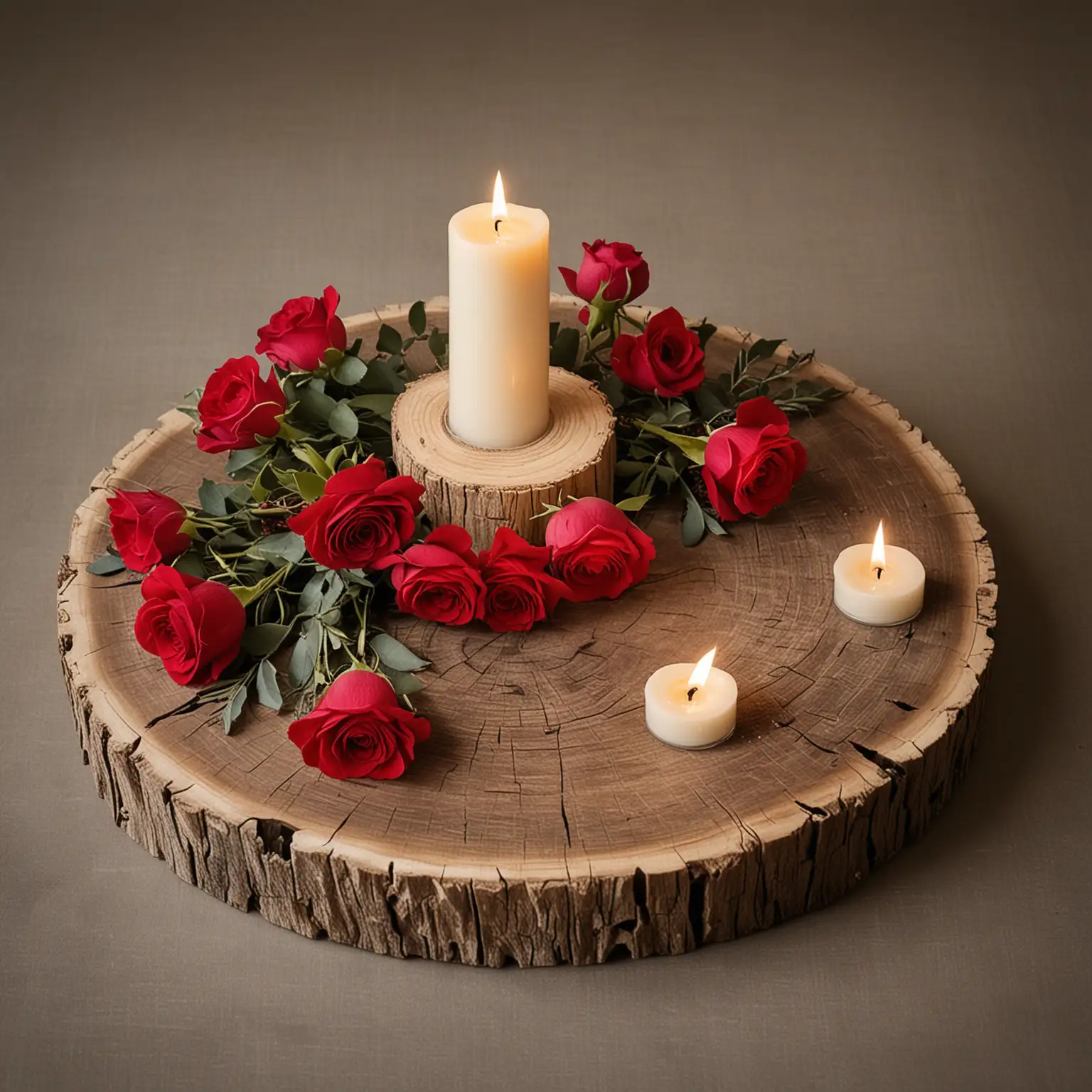 a small round wood slab that is rustic and worn with a single pillar candle in the center that is surrounded by red roses laid down across the arrangement