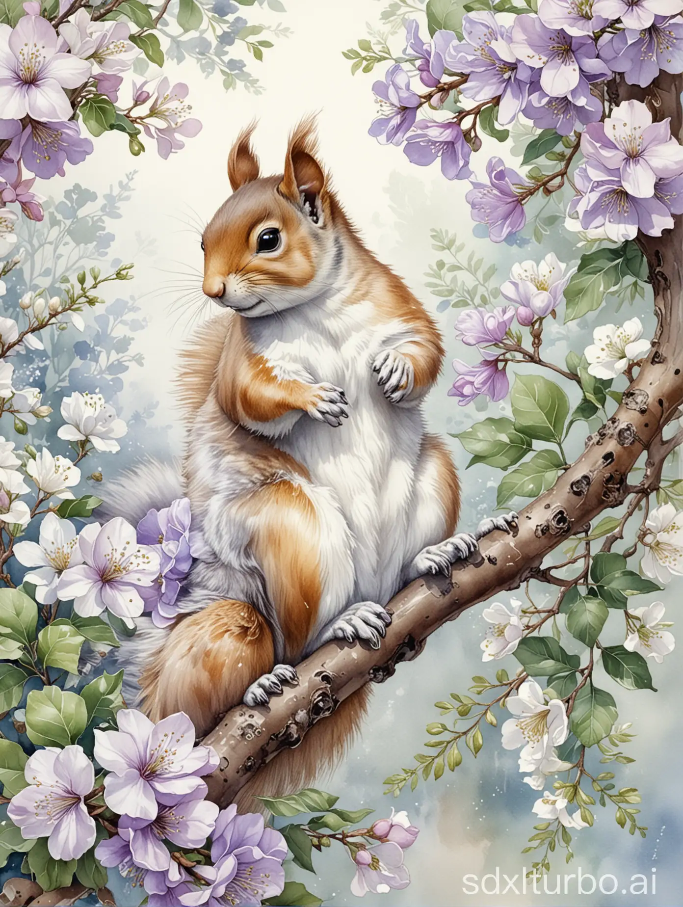 A squirrel sits on a branch, the branch has green leaves and white-purple blossoms, highly and delicately detailed drawing, intricate watercolor, art nouveau borders